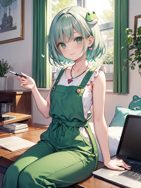 Craft an image of impeccable quality, with a focus on clarity and a rich palette of mint greens, ensuring each element is rendered with precision, ultra-realistic, high-resolution, super realistic illustration, highres, ultra detailed, absurdres.
BREAK
Create a character with anime-style features: large, expressive emerald green eyes, short, tousled mint green hair, array of silver earrings with playful designs (small frogs, bears, hearts), casual sleeveless white top with thin straps and square neckline, green overall dress with pockets and silver hardware, simple silver chain necklace.
BREAK
Background: meticulously detailed one-person living room, cozy, compact space, personal items (books, small desk with laptop, posters on the wall), comfortable armchair, window with light curtains, natural light, vibrant mint green tones, wooden floor, neat kitchenette, maximalism decoration (green-toned squares, symbols, pixelated hearts, smiley faces, abstract designs), cheerful, vibrant setting.