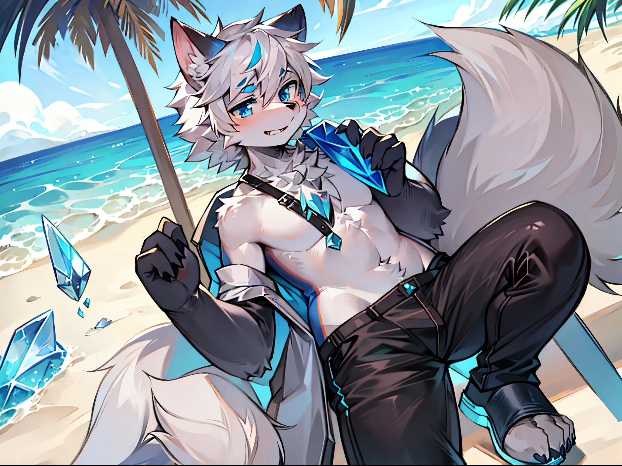 hairy，Wolf Boy，White fur，crystal blue eyes，Single hairy tail，White hair，Short hair details，sea beach，coconut palms，Swimsuit，Black cropped pants