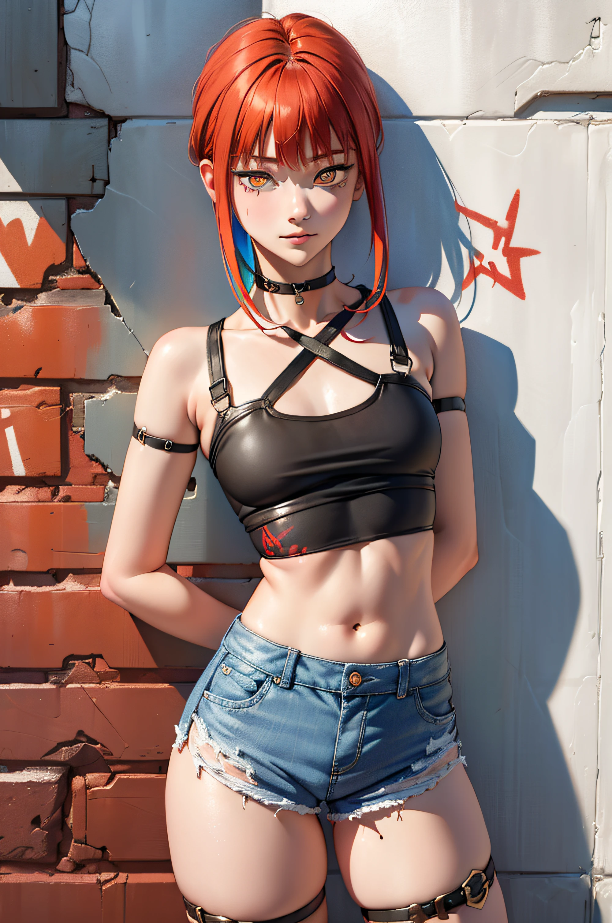 Masterpiece, Best Quality, 1girl, report, crop-top, jean shorts, Choker, (graffiti:1.aint splatter, (Hands Behind Your Back), Against a wall, looking a viewer, A bracelet, thigh strap, Paint on the body, tilt of head, bored,red hair color, Rainbow-colored eyes, Makima,
