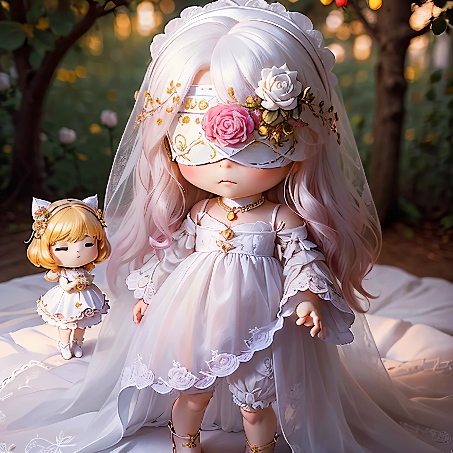 ​masterpiece、top-quality、ultra-detailliert、(Chibi Chara's Daughter:1.2)、Completely hide your eyes、(The blindfold is a luxurious white blindfold with luxurious jewels and rose embroidery.....:1.3)。.、gold bob、Pink Ghost、Fairytale autumn forest、Full-body standing figure、Lightning flashes