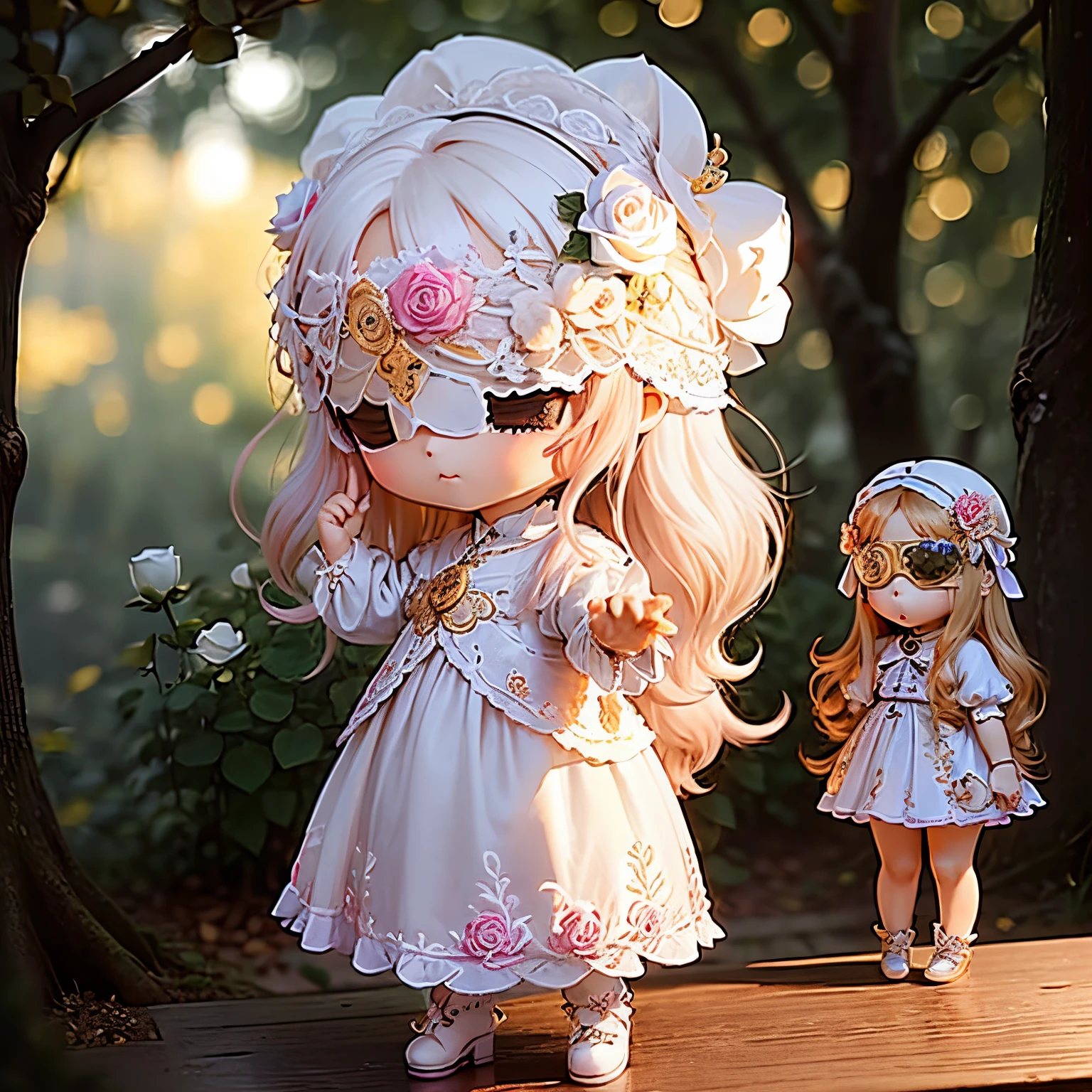 ​masterpiece、top-quality、ultra-detailliert、(Chibi Chara's Daughter:1.2)、Completely hide your eyes、(The blindfold is a luxurious white blindfold with luxurious jewels and rose embroidery.....:1.3)。.、gold bob、Pink Ghost、Fairytale autumn forest、Full-body standing figure、Lightning flashes