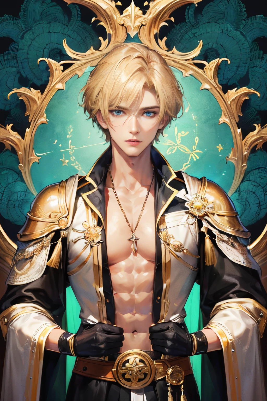 Realistic, (masutepiece, of the highest quality, Best Quality, Official art, Beauty and aesthetics: 1.2), Very detailed, Fractal Art, Colorful, best detailed, Zentangle, (Abstract background: 1.5) (1boy: 1.3), god, Blonde hair, Short hair, (Glowing blue eyes), pectoral muscles, Abs, myterious), krystal, Handsome man, knight, (giant crystal shield), (Crystal Sword)