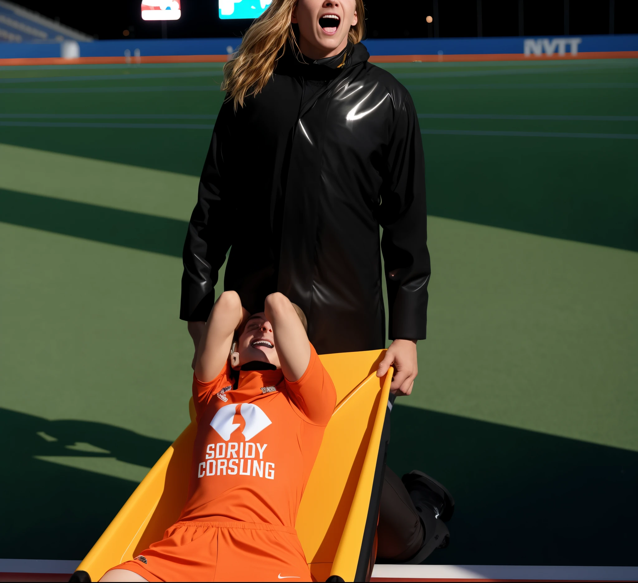 very very glossy and slick downcoat, Photography of an injured sportsman on a stretcher being carried by a longhaired blond woman in a long black down coat, a shiny vinyl coat, a shiny black down coat, a high shine dark down coat, a young male soccer player in short sportswear is lying on his back on a stretcher and is grabbing his shin with his hands, hyperralistic, very realistic, ultrarealistic photorealistic, pgoto, photoreal, a young woman is wearing a high shine black downcoat and is holding a stretcher inside a sports stadium, a young madeup blond woman in a high-shine padded coat is shouting out for help and has a very sad and furious expression in her face, a sportsman is lying on a stretcher and has a very painful and suffering face, a young sportsman on a stretcher with a very painful expression in his face, dramatic action pose, sports accident, injury scene, theatralic pity pose, pity pityful, pain, a sportsman is lying on a stretcher and is crying in pain, a young madeup woman in a shiny coat is carrying a man on a stretcher inside a sports stadium, sports scene, stadium
