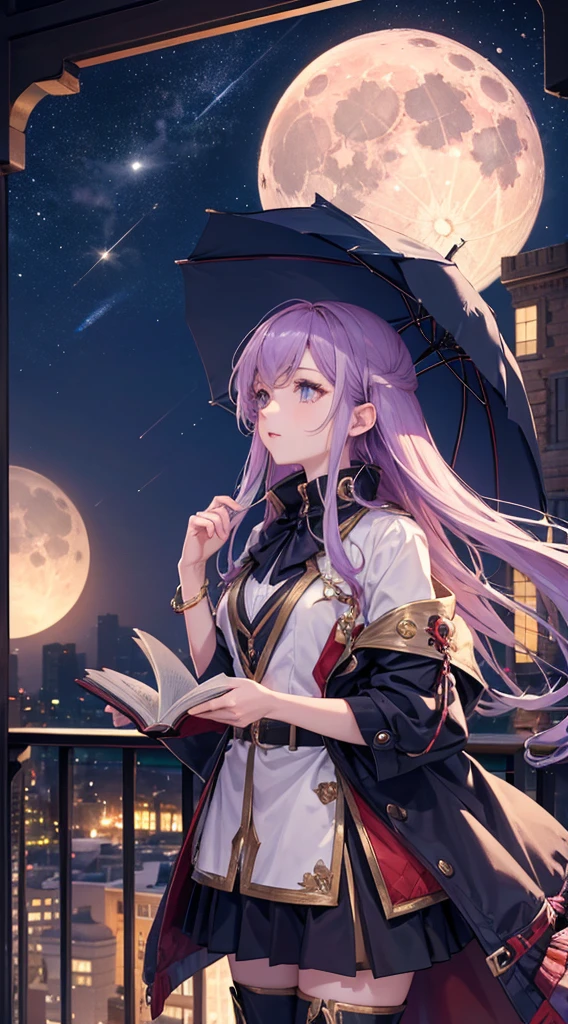 1 Downer woman(Holding an open book in your hand),open front down jacket,flered skirt,boa boots,Looking up at the moon,Standing on Balcony,Midnight,4K,High quality,Ultra Detail,super precision,masutepiece,Focus on the upper body。