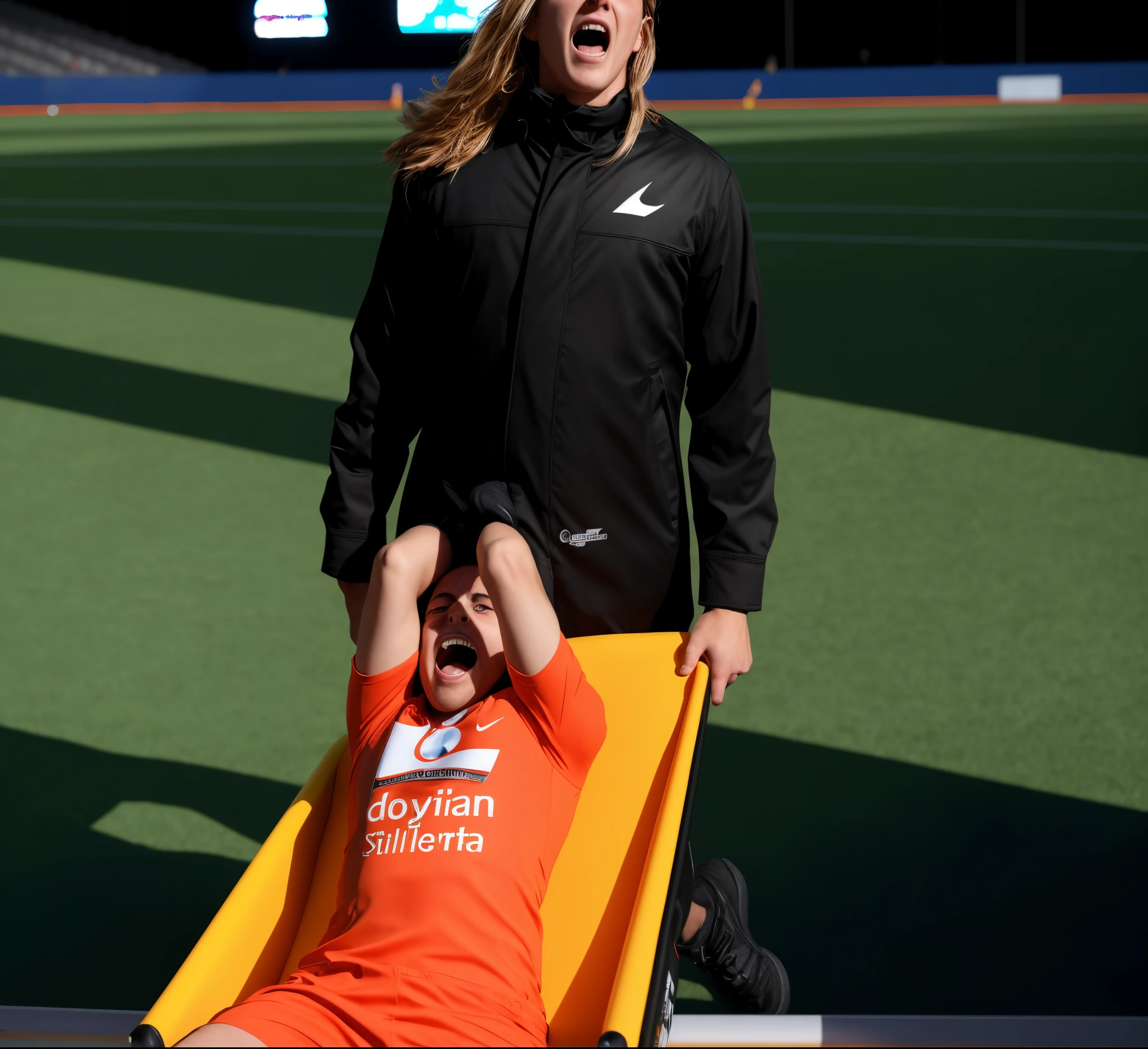 very very glossy and slick downcoat, Photography of an injured sportsman on a stretcher being carried by a longhaired blond woman in a long black down coat, a shiny vinyl coat, a shiny black down coat, a high shine dark down coat, a young male soccer player in short sportswear is lying on his back on a stretcher and is grabbing his shin with his hands, hyperralistic, very realistic, ultrarealistic photorealistic, pgoto, photoreal, a young woman is wearing a high shine black downcoat and is holding a stretcher inside a sports stadium, a young madeup blond woman in a high-shine padded coat is shouting out for help and has a very sad and furious expression in her face, a sportsman is lying on a stretcher and has a very painful and suffering face, a young sportsman on a stretcher with a very painful expression in his face, dramatic action pose, sports accident, injury scene, theatralic pity pose, pity pityful, pain, a sportsman is lying on a stretcher and is crying in pain, a young madeup woman in a shiny coat is carrying a man on a stretcher inside a sports stadium, sports scene, stadium