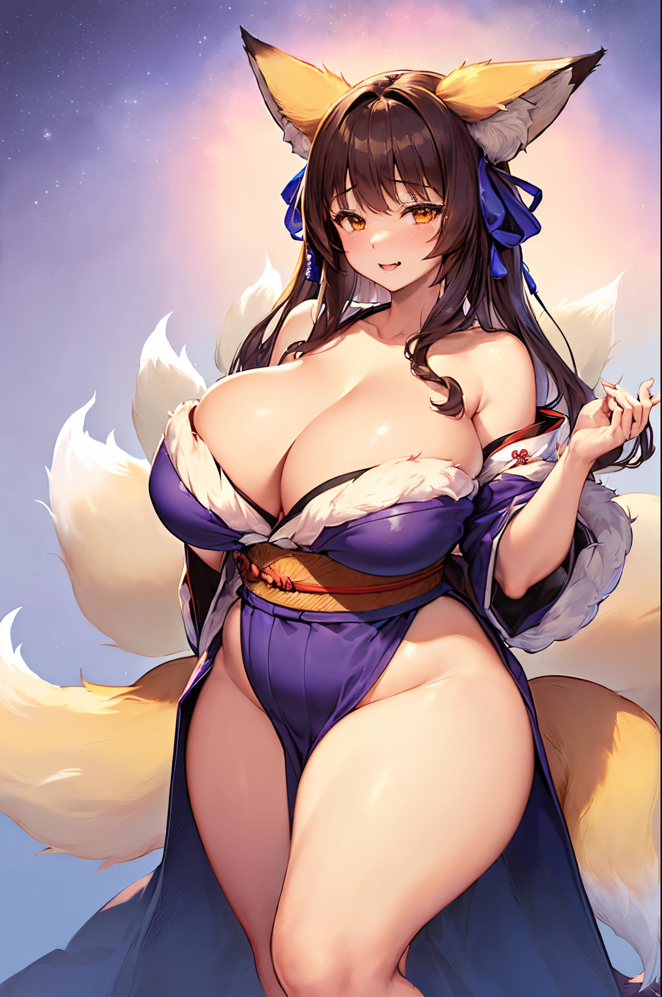((Masterpiece)), (Best Quality), ((Super Detail)), (Illustration), ((Very Delicate and Beautiful)), (((solo))), Dynamic Angle, Looking at viewer, anime moe artstyle, ((((motherly)))), ((((Mommy)))), ((mischievous)), (Fox lady mommy), (Oneesan), ((Chocolate brown hair)), (shoulder length hair), (((plump))), (((Fox ears))), (((((BIG FLUFFY TAILS))))), (((((MULTIPLE KITSUNE FLUFFY TAILS))))), (((((FLOOFY TAILS))))), (((((FLUFFY FOX TAILS))))), ((FLUFFY FOX TAIL DIMENSION)), ((SURROUNDED BY FLUFFY TAILS)), (((MASSIVE FLOOFY TAILS))), exceptionally beautiful, (big breasts), ((curvy)), (((voluptuous))), (Purple Yukata with black sash), (high quality), (volumetric lighting)