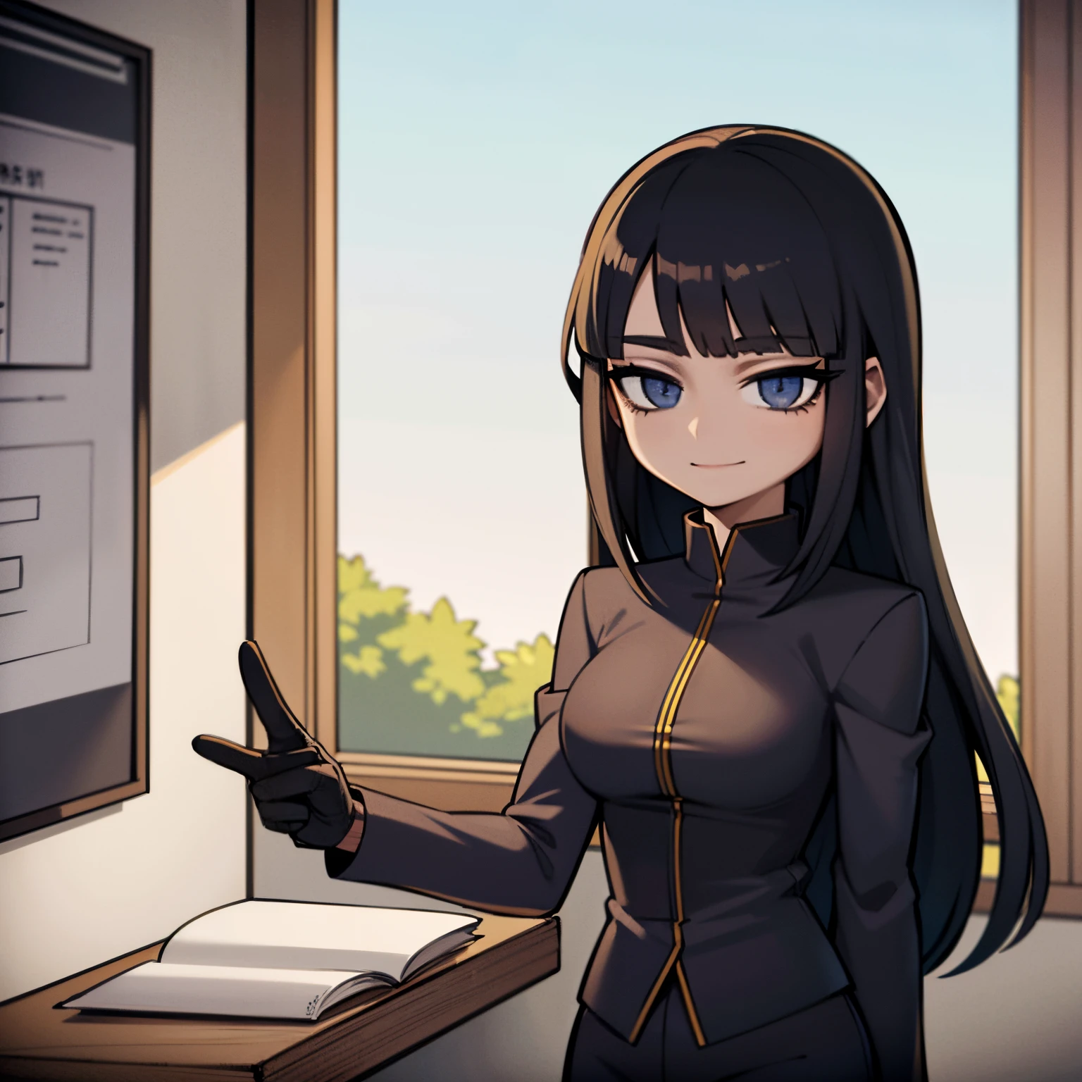 1 jovem mulher, cabelos pretos, terno preto escuro, camisa branca, terno completo, Makima, corpo inteiro, smiling in an office, 4k, master part