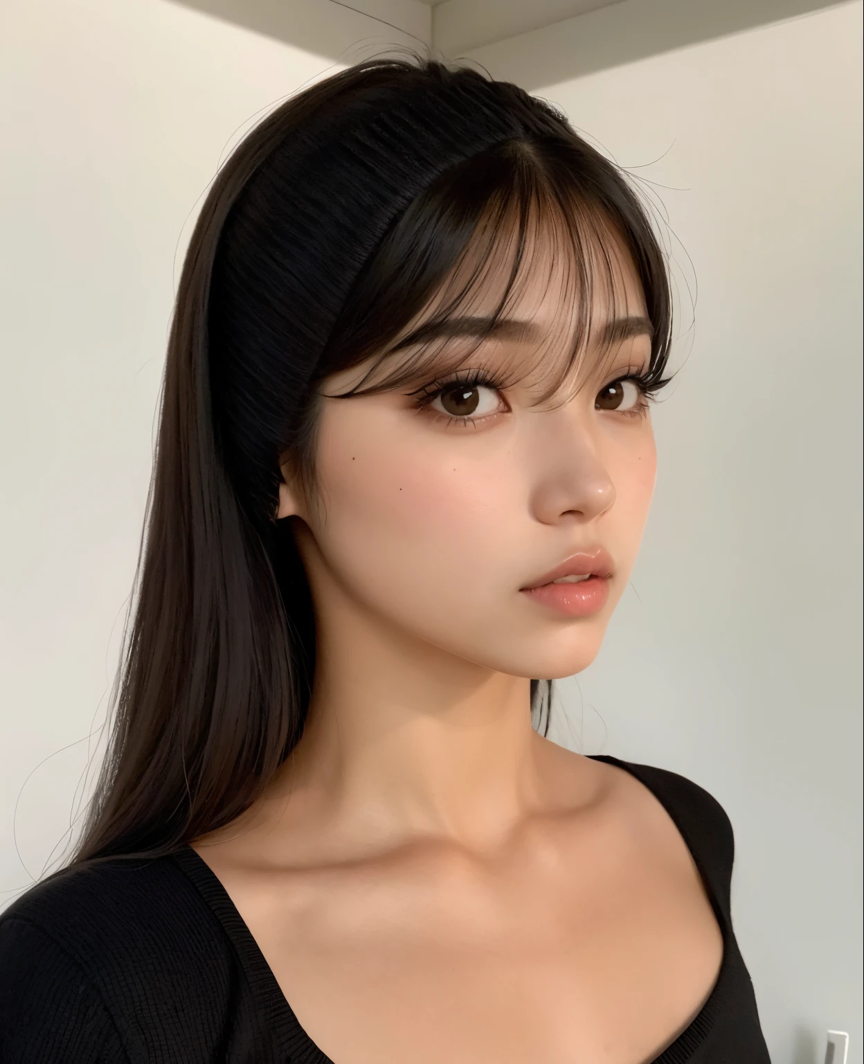 una mujer de pelo largo con un top negro y una diadema negra, Cabello limpio con flequillo, Ella tiene el pelo negro con flequillo, Lalisa Manobal, flequillo largo y recto, flequillo recto, con flequillo, Hermosa mujer surcoreana, con flequillo completo, Hermosa joven coreana, Pelo largo con flequillo, Hermosa joven coreana, Chica coreana, ulzzang