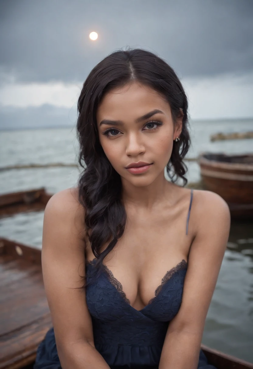 photograph of a 20yo dark skinned black woman, beautiful, gorgeous, sexy, cute, pretty, erotic, long shiny blue hair, pigtails, dimples, pretty brown eyes, long eyelashes, perky lips, 28d breast, big buttocks, petite, manicured fingernails, manicured toenails, black lace bra, black lace panties, torn clothing, tattered clothing, tattered shirt, tattoos, shipwrecked at sea, floating on the water, boat wreckage, rain, thunder, moon, lightning, hurricane, ocean, water, log raft, sharks, fish, full body shot, dramatic angle, extreme angle shot