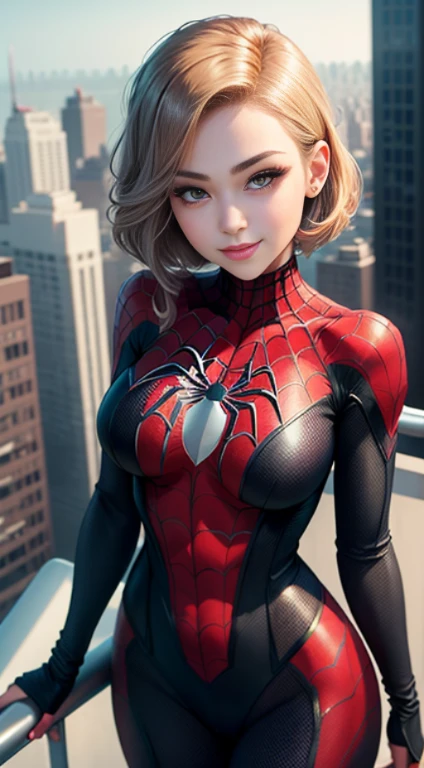 a young woman ((19 years)) crouching on top of a skyscraper, ((flash photography)), nipple erect, perfect body, perfect figure, abs, big breasts, cute face, shinny nose, thick full lips, huge eyes, ((short bob haircut)), fisheye perspective photo, wet skin, very sweaty, skyscrapers in the background, moon and stars in the background, ((skin tight spider-girl suit)), ((cosplay)), beautiful face