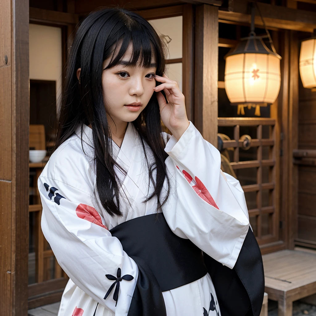 cute petite chinese japanese girl wearing kimono lewd nsfw bangs covering eyes long black hair covering face with hands