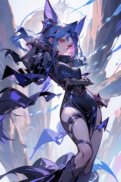 A mysterious-looking woman in her early 20s.、Ninja in skimpy costume、rust-red muffler and hood、Wearing a dark blue cloak and mask、Cold expression、slender and tall、The weapon is several very thin steel wires.、Anime style full body character image art
