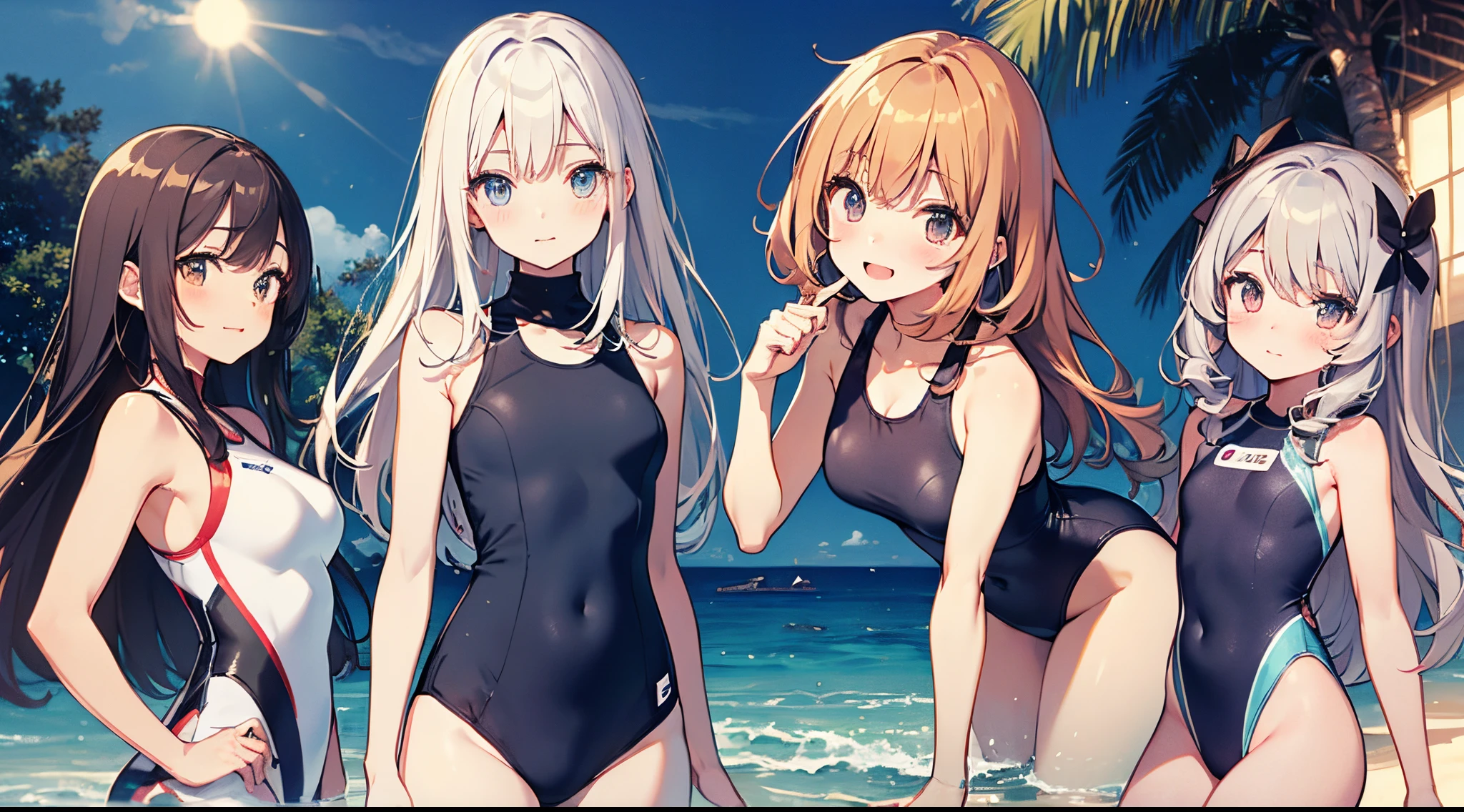 ((2D beautiful girl、4ｋ、8ｋ、top-quality、Perfect Finger 1.1、Perfect Anatomy 1.1、Dress perfectly、Beautiful illustration))、a beautiful slender girl、(transform sequence)、((white high neck one piece swimsuit))、((years))、Fractal Art、baace、(ight long hair))、Beautiful big drooping eyes、Shy laughter、glad、red blush、Full-body angle、（1 persons）、quiet sandy beach、Canine ears、blue decoration、