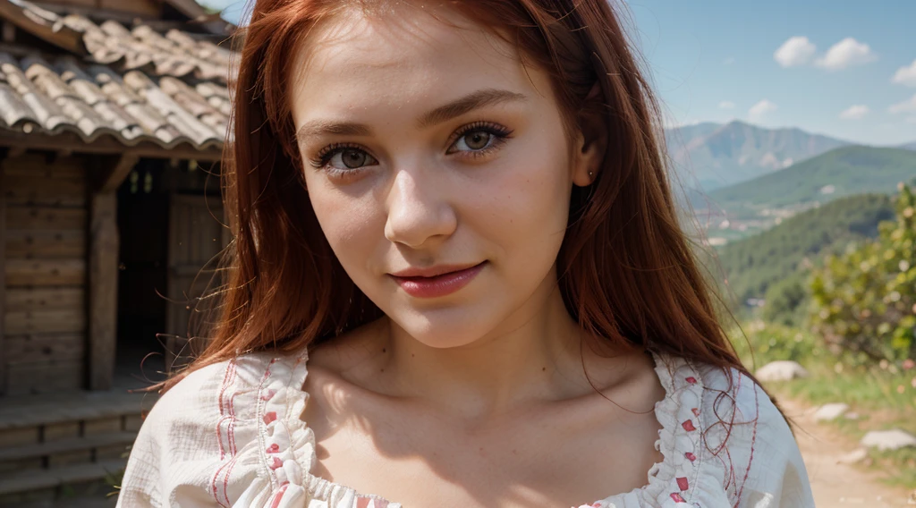 young girl ,slavic look,folk clothes,dress,blurry background,red hair,lite make up,outsite,mountain,sun,pink lipstick,polish,portrait,4k,ultra realistic,realistic face,selfie,close up,smiling, sexy look,temptating