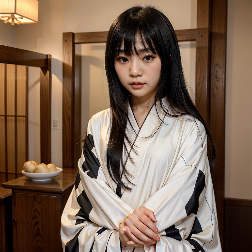 cute petite chinese japanese girl wearing kimono lewd nsfw bangs covering eyes long black hair covering mouth with hands shyly