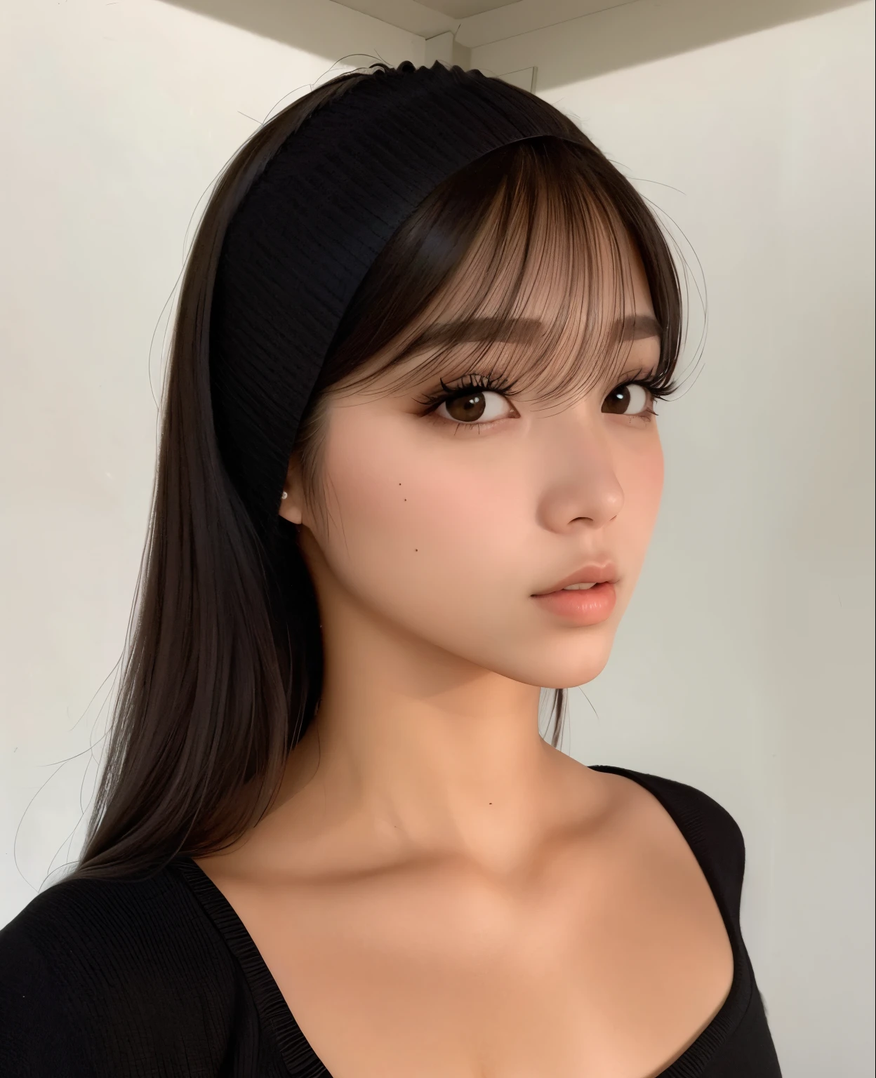 una mujer de pelo largo con un top negro y una diadema negra, Cabello limpio con flequillo, Ella tiene el pelo negro con flequillo, Lalisa Manobal, flequillo largo y recto, flequillo recto, con flequillo, Hermosa mujer surcoreana, con flequillo completo, Hermosa joven coreana, Pelo largo con flequillo, Hermosa joven coreana, Chica coreana, ulzzang
