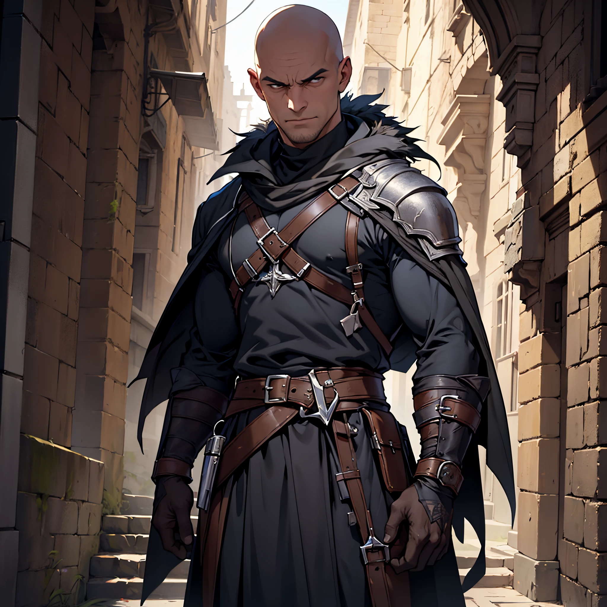 ​masterpiece, Best Quality, detailed, Cinematics, 4k, Background with: dark night medieval dungeon stairs, Sharp bald man wearing assassin costume made of feathers, Tattoos all over the body