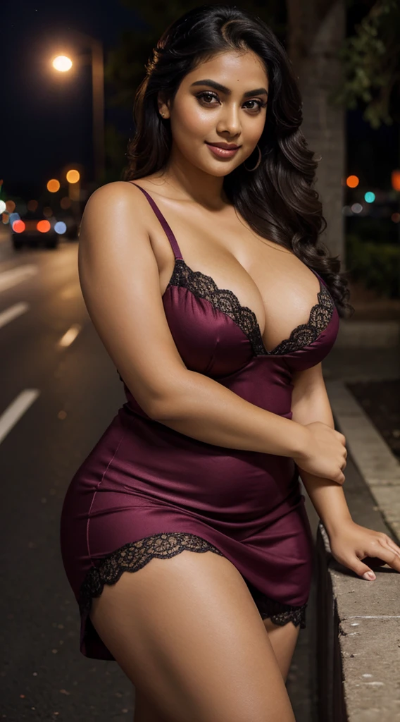30 year old beautiful Madhury Dixit Bengali sexy plus size figure mature woman with fair skin color, standing on beautiful highway low lighting in night , seductive, side bun hairstyle, bright eyes, thin eyebrows, blushing cheeks, curvy plus size model, big m-cup breasts, random multi color night dress, multi lace neon light night dress, ovel cleavage, lustful eye contact, seductive smile, high detail, feminine facial features, fat, slender, high resolution, real girl, realistic, soft lighting, day, smile, dramatic lighting, smile, fair skin, multi colorful dress, sexy pose, beautiful highway night moon light background, head to thigh view, eye contact, jwellery