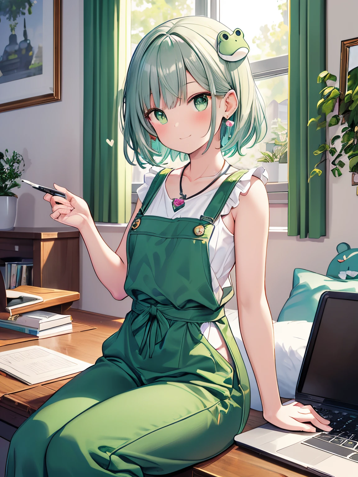 Create perfect quality images, Focus on clarity and a rich mint green palette, Ensure each element is rendered accurately, Ultra-realistic, hight resolution, hyperrealistic illustrations, hight resolution, ultra-detailliert, absurderes.
BREAK Create a character with anime-like characteristics: Large, Expressive emerald green eyes, Short, messy mint green hair, Assortment of silver earrings with playful designs (Little frog, a bear, inner strength), Casual sleeveless white top with thin straps and square neck, Green overall dress with pockets and silver hardware, Silver Chain Necklace.
break
background: Single living room with attention to detail, Cozy, compact space, personal things, small desk with laptop, posters on the wall), comfortable armchair, window with light curtains, Natural light, bright mint green color, wood floor, neat kitchenette, maximalism decoration (green square, Symbols, pixelated heart, smily face, abstract design), Cheerful, vibrant setting.