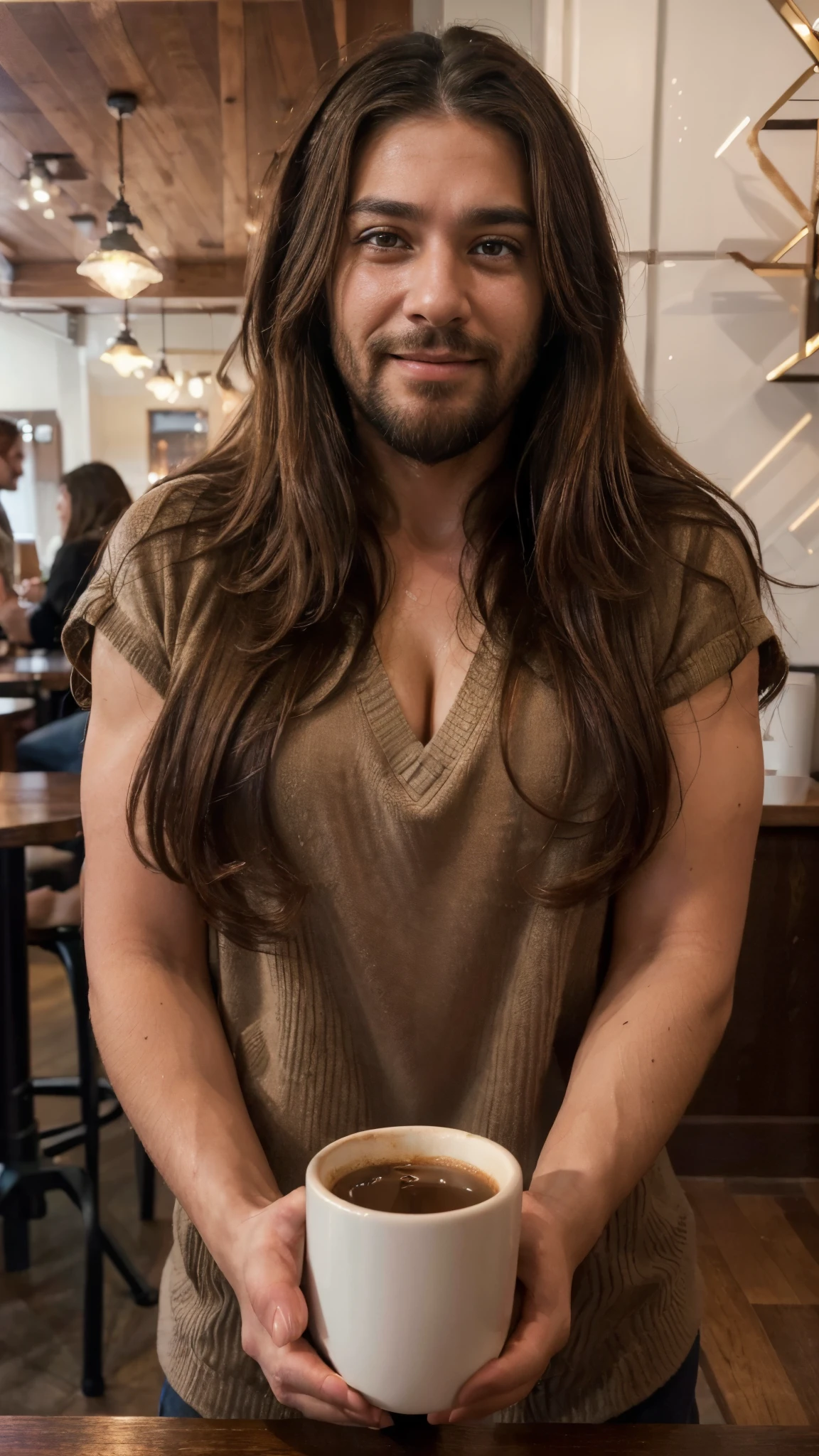 (best quality,4k,highres,ultra-detailed,realistic:1.37),vibrant portrait,beautiful cafe worker lady crying with a long big beard,long beautiful hair,manly chiseled face,expressive eyes,lovely smile,stylish outfit,confident stance,coffee cup,cozy atmosphere,artistic lighting,rich color palette,bokeh