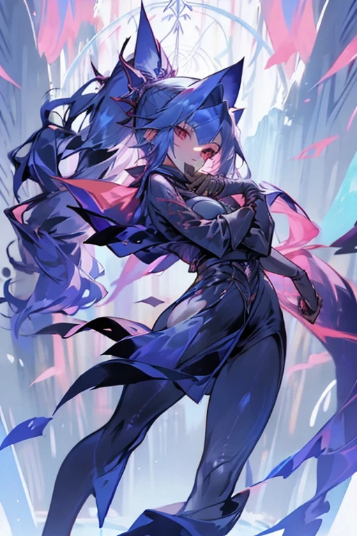 A mysterious female ninja in her early 20s.、Wear less revealing clothing、Wearing a dark blue cloak and hood、A very thick crimson scarf is tied loosely around his neck.、Cold expression、slender and tall、Weapon: 5 very thin steel wires、Anime style full body character image art