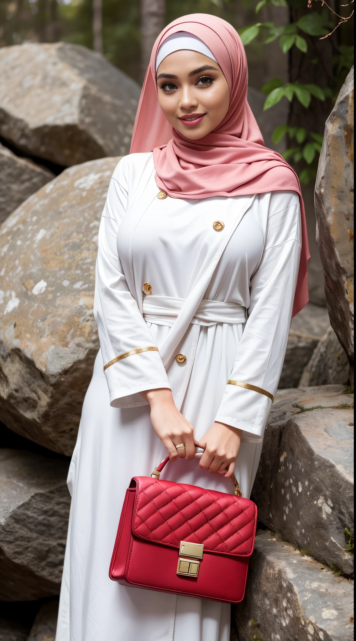 RAW, Best quality, high resolution, masterpiece: 1.3, beautiful Malay woman in hijab, big gorgeous eyes, smiling,big breast, standing on rocks with a red purse and a red purse, inspired by Shaddy Safadi, with lovely look, inspired by Fathi Hassan, hijab, lovely woman, with beautiful exotic, by Ismail Acar, beautiful image, inspired by Sarper Baran, white hijab, silver gold red details, with apple, casual clothing style, handsome girl