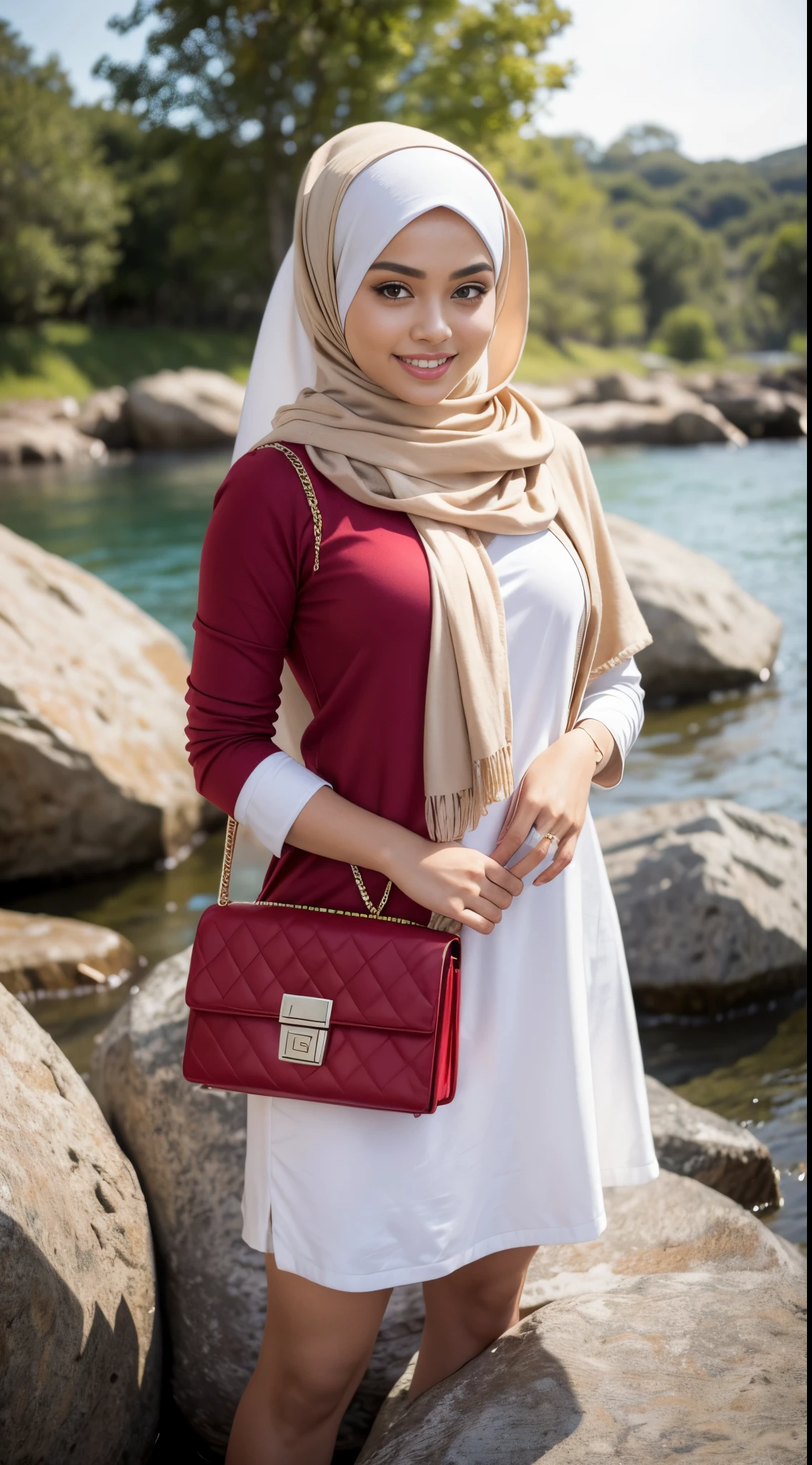 RAW, Best quality, high resolution, masterpiece: 1.3, beautiful Malay woman in hijab, big gorgeous eyes, smiling,big breast, standing on rocks with a red purse and a red purse, inspired by Shaddy Safadi, with lovely look, inspired by Fathi Hassan, hijab, lovely woman, with beautiful exotic, by Ismail Acar, beautiful image, inspired by Sarper Baran, white hijab, silver gold red details, with apple, casual clothing style, handsome girl