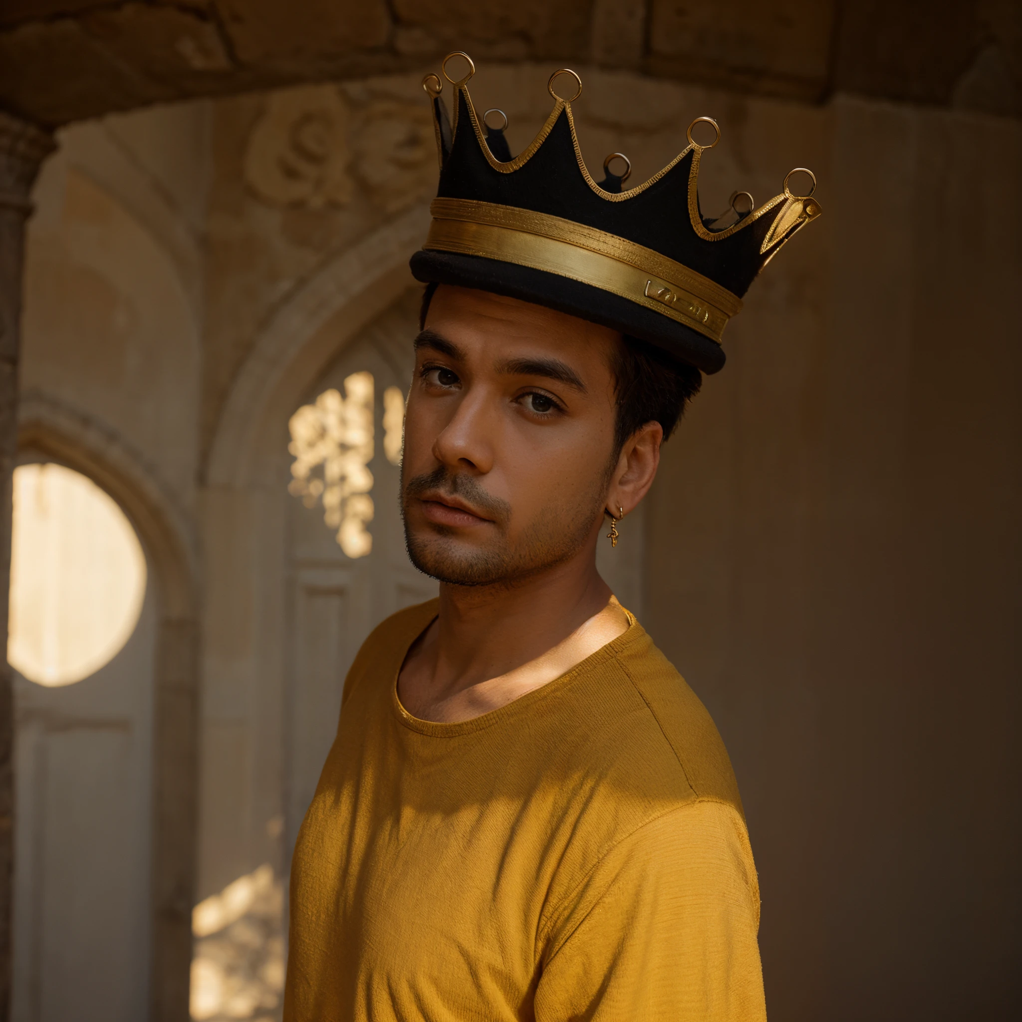 Um rei homem com coroa de metal ouro, vestindo roupas de rei, in a sunny courtyard of a castle