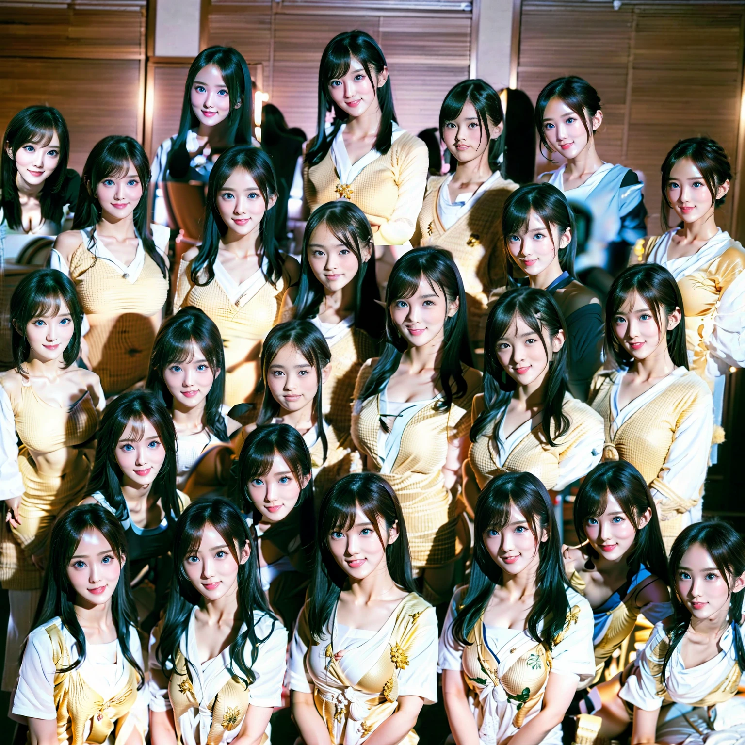 Raw photo、(((multiple girls))),((((6+girls)))),((((100girls)))),(((1000girls)))、((((100 Girls))))、((((Gigantic Breasts))))、Women only、The same face、matching school uniform、12 years old、Long black hair、100 cute girls、a smile、Scene from school、School route、(((Large group)))、a junior high school student