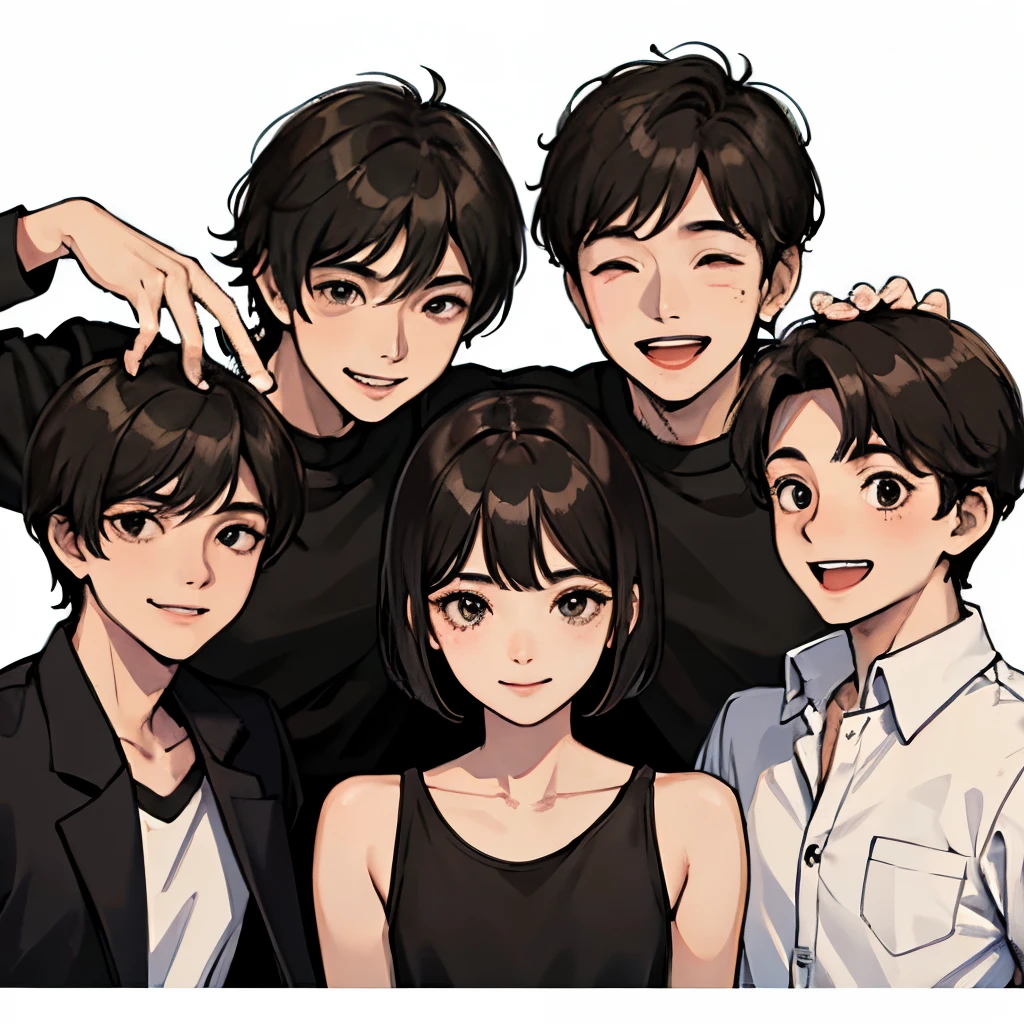 boy character sheet, different smiles, all types of smiles ,boy has black hair black eyes wearing shirt