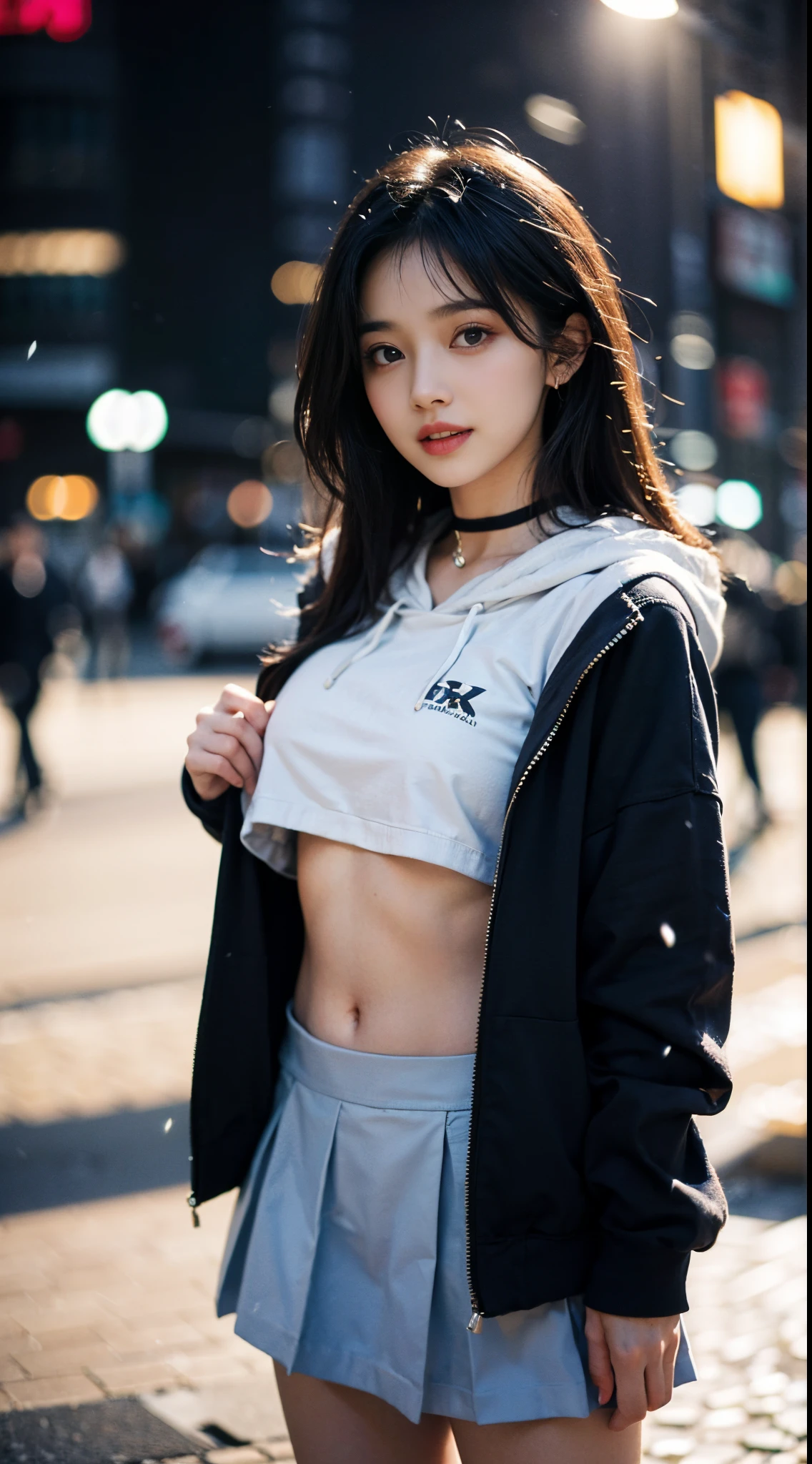 ((8K)),Film photography, 1 girl, (hoody:1.2), (short skirt), upper legs, navel,choker necklace, ear nipple ring, Vibrant smile, middlebreast, Full body lesbian, drunk blush:1.5, Black shoulder length wavy hair, serene, chill out, (Realistic and detailed eyes, Natural skin texture, Realistic face details), Soft dramatic lighting, depth of fields, bokeh, vibrant detail, meticuloso, hyper realisitc,20yr old,skirtlift,face flushed, Open your lips, view the viewer ,(Clear eyes,Clear nose,Transparent lip skin),Semi-body shot , Wear a hooded jacket ,(Tokyo streets ,Falling snow),