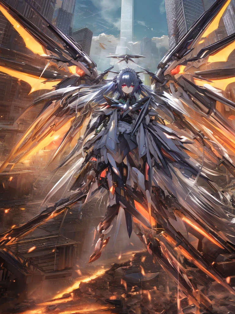 top-quality、ighly detailed、​masterpiece、ultra-detailliert、illustratio、((1girl in))、silber hair、length hair、Floating hair、、Cyber City、Neon building、(The upper part of the body:1.05)、extremely_Detailed_Eyes_And_Face,cybernetic wings mechanical wings、Random posture、Skyscraper、、Mechumusume、shrine maiden clothe,maid clothes、Random angles、anime styled,cowboy  shot