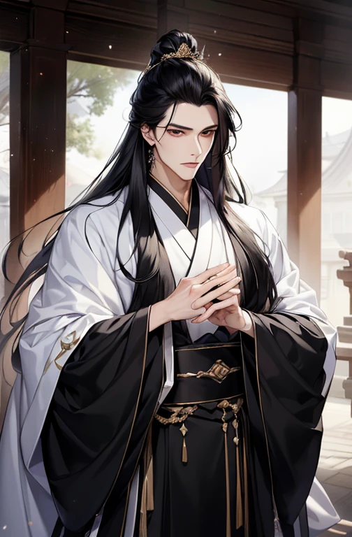 tmasterpiece, Huang Li, 1人, Alone, , Handsome, cabelos preto e longos, Black Hanfu,black mink collar,Green-eyed, dynamic angle, 动态照明, well-built, white skinned, refined, Handsome_male people,sacred message, ellegance, purity, Sympathy, looking at viewert, a perfect face, Perfect hands, perfect pubic bone