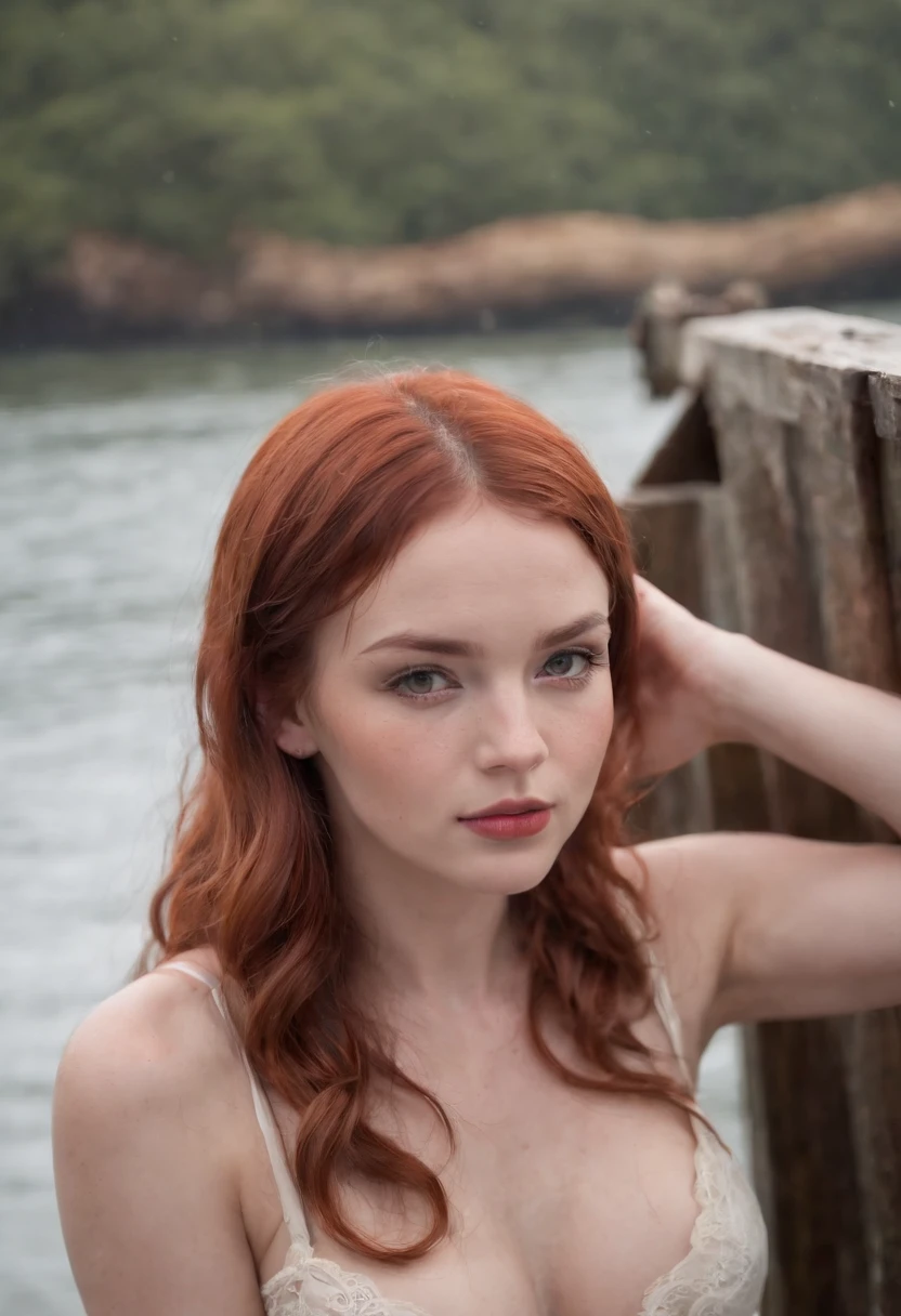 photograph of a 20yo irish woman, beautiful, gorgeous, sexy, cute, pretty, erotic, long shiny red hair, pigtails, dimples, freckles, freckled face, pretty brown eyes, long eyelashes, perky lips, 28d breast, big buttocks, petite, manicured fingernails, manicured toenails, red lace bra, red lace panties, torn clothing, tattered clothing, tattered shirt, tattoos, shipwrecked at sea, floating on the water, boat wreckage, rain, thunder, moon, lightning, hurricane, ocean, water, log raft, sharks, fish, full body shot, dramatic angle, extreme angle shot