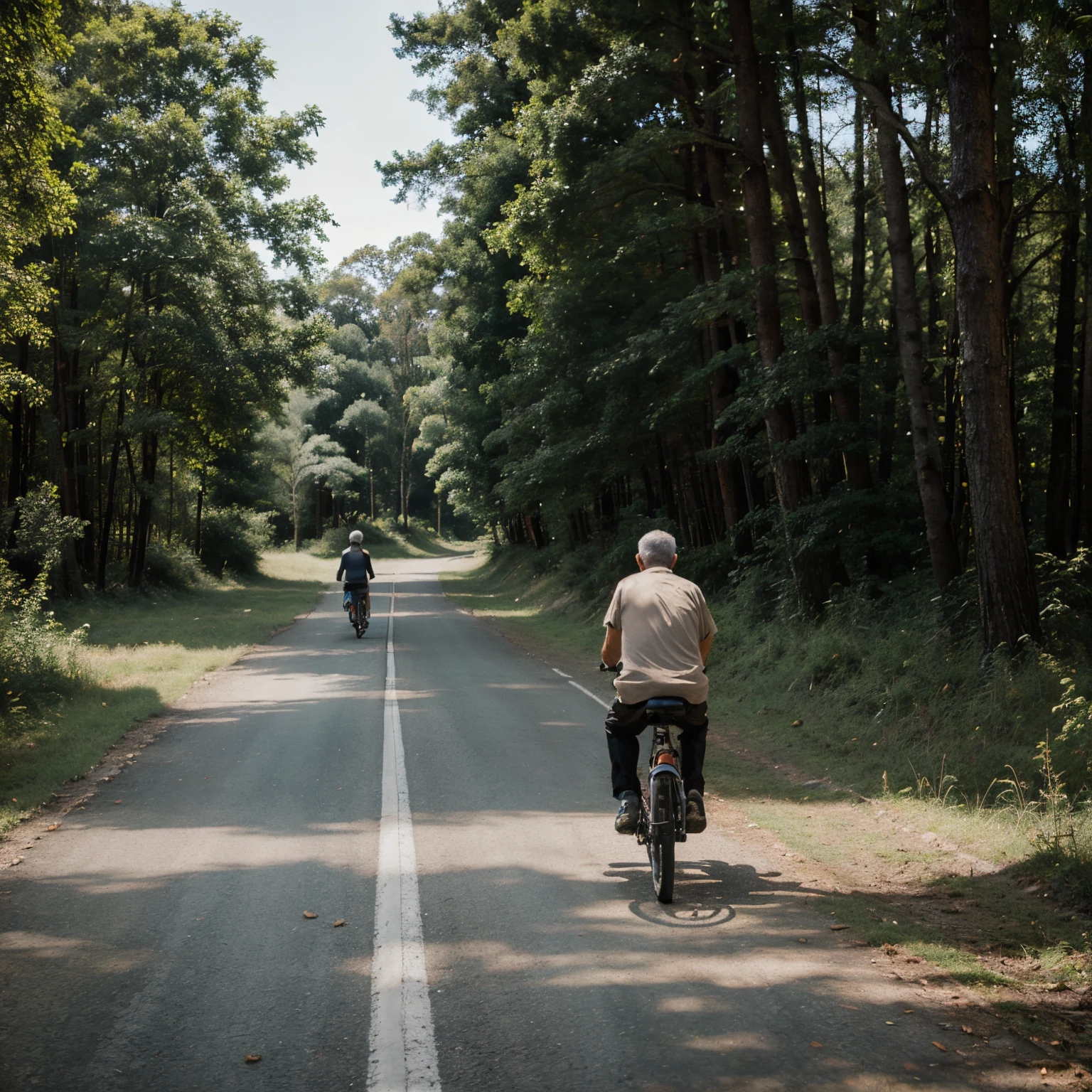 An old man on by cycle going in the forest. A dog is running along with him