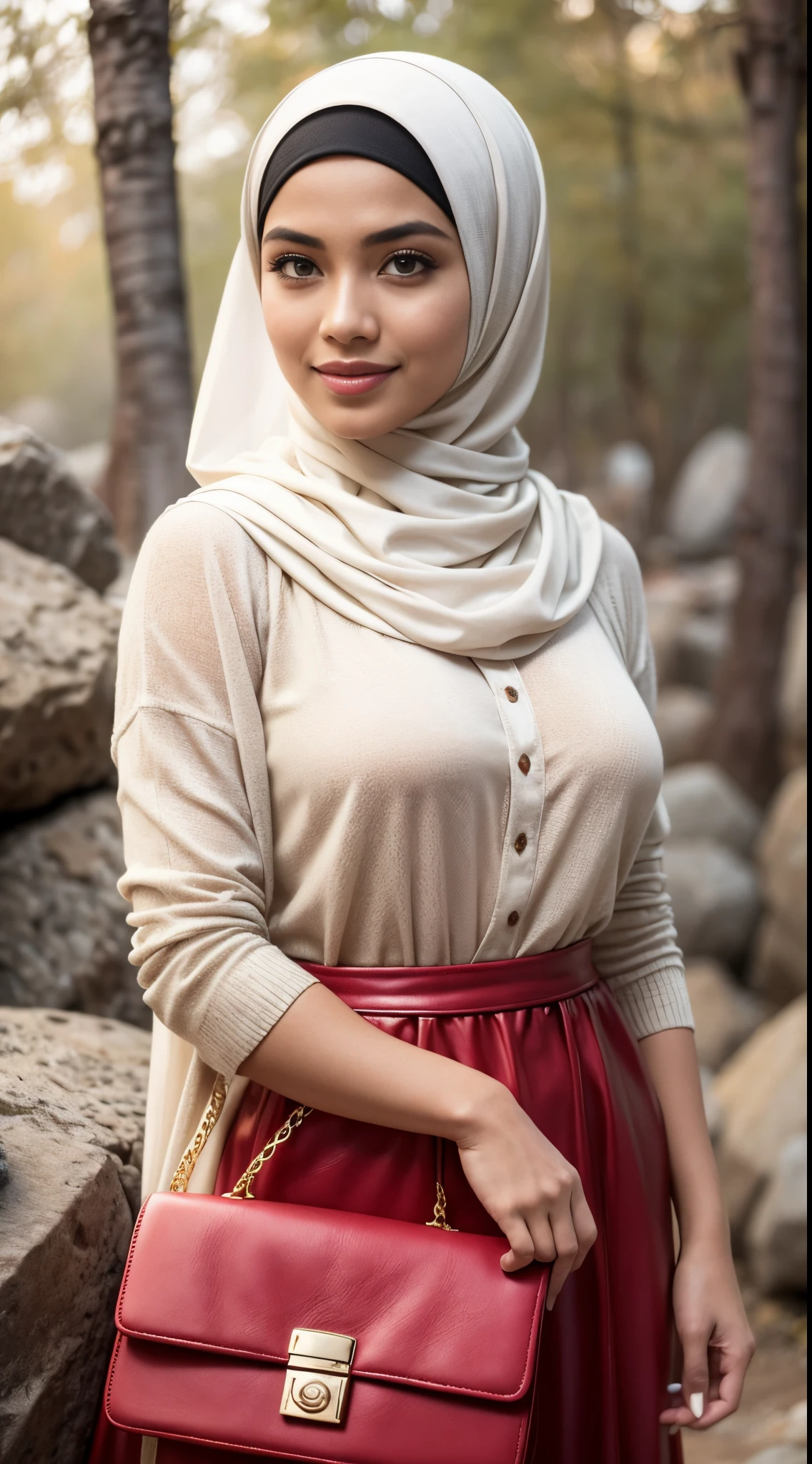 RAW, Best quality, high resolution, masterpiece: 1.3, beautiful Malay woman in hijab, big gorgeous eyes, smiling,big breast, standing on rocks with a red purse and a red purse, inspired by Shaddy Safadi, with lovely look, inspired by Fathi Hassan, hijab, lovely woman, with beautiful exotic, by Ismail Acar, beautiful image, inspired by Sarper Baran, white hijab, silver gold red details, with apple, casual clothing style, handsome girl