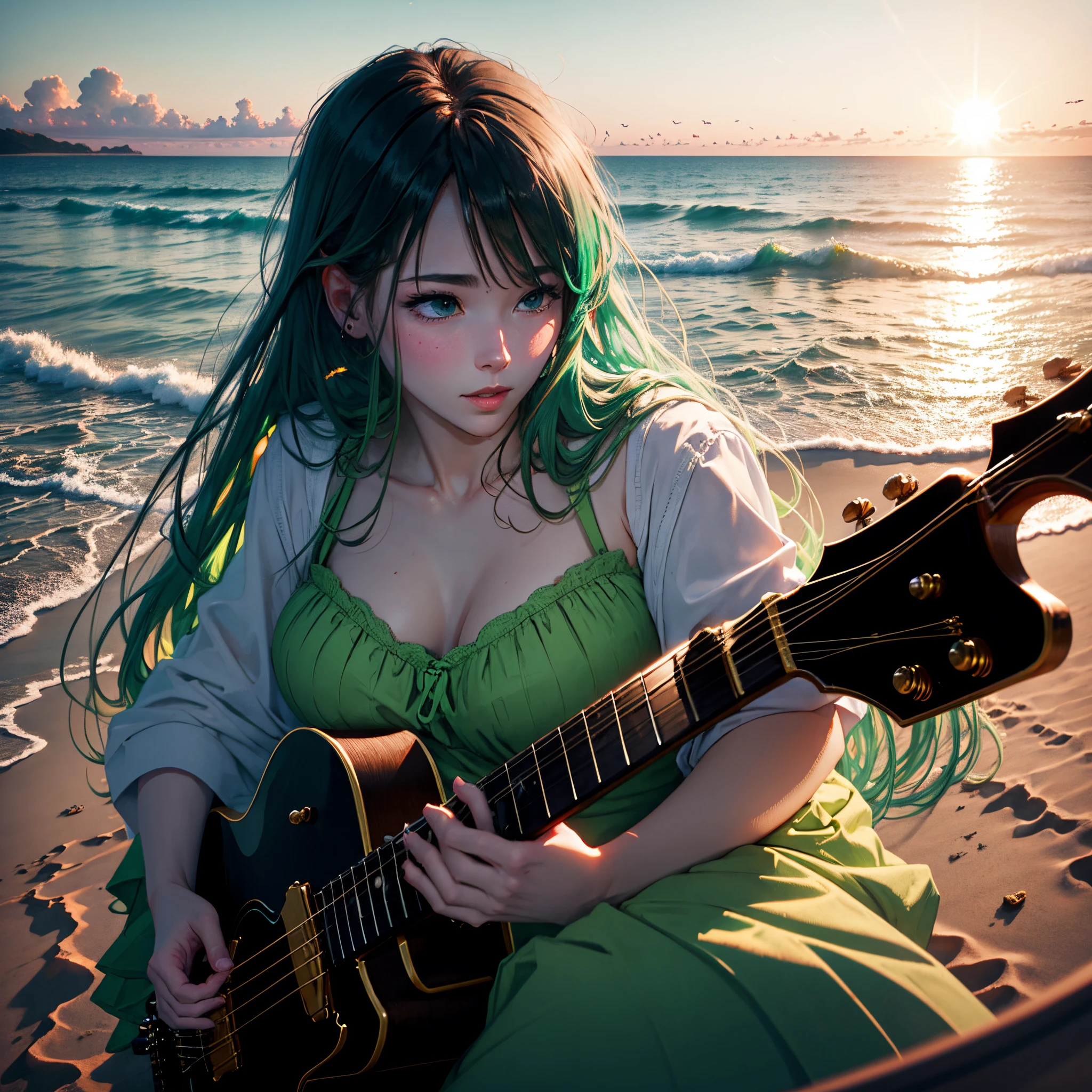 A beautiful woman with upturned face admiring a gentle sunset on the beach. She is sitting on the sand, playing a green colour guitar. The horizon is filled with vibrant colors as the sun sets in the background. The image is ultra-detailed, capturing every small detail of the woman, the green colour guitar, and the surroundings. It is a realistic photo with the best quality, 4K or 8K resolution, and HDR effects, enhancing the vivid colors and adding depth to the scene.