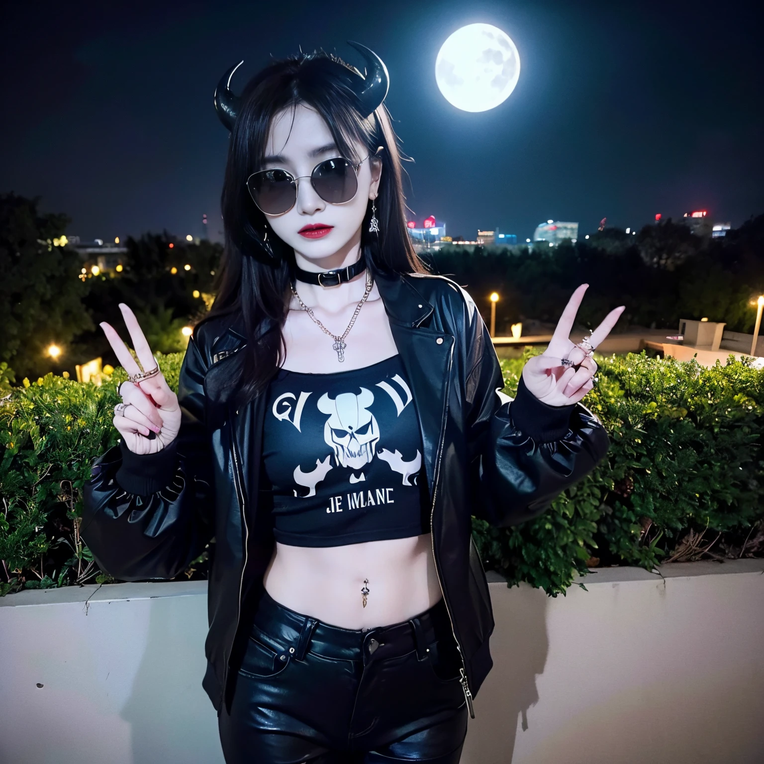 sunglasses, 1 girl with jesus, black pants, black jacket, long sleeves, halo, demon horns, standing on the garden, choker, midget, super villain, cross necklace, earrings, jewellery, jesus, jesus christ, cross tatto, sunglasses, evening with moon in the sky