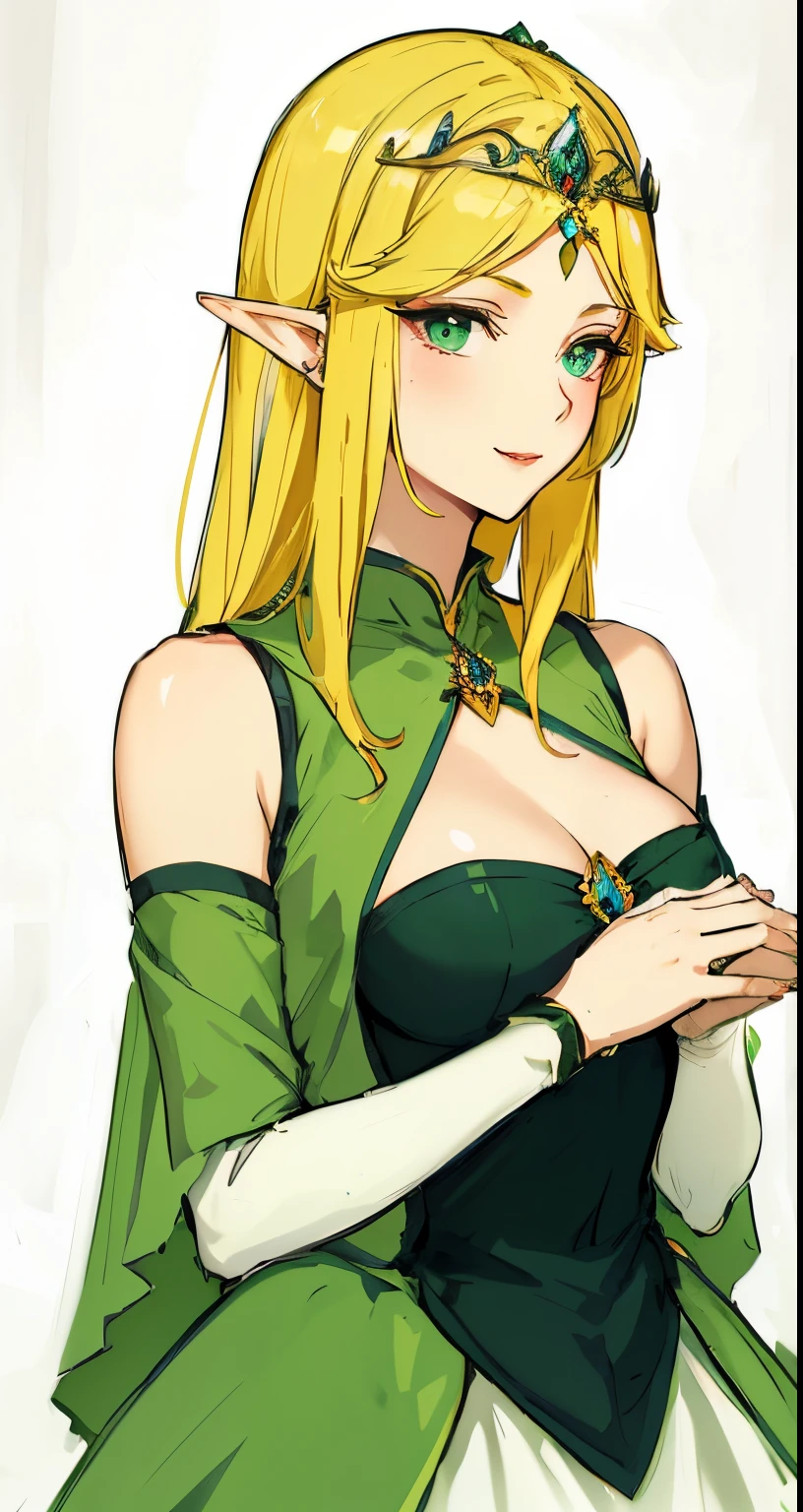 Anime sharp ear and blonde green eyes woman with tiara on her head wearing green gown posing holding hand, tiara, red lips and red cheeks woman, elf girl, elf princess, an elf queen, elf queen, a blonde emerald warrior, elven princess, blonde - haired princess, beautiful and elegant elf queen, portrait of an elf queen
