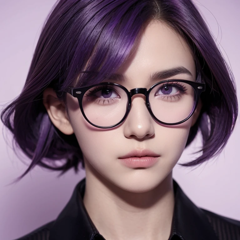 quadratic element,Purple colored hair,Purple eye,Black square-rimmed glasses,Handsome,