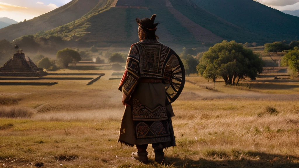 half transparant shadowy humanlike figure (in ancient aztec clothing!) standing ominous and looking away into a beautiful dreamy lush field in mexico with mountains in the background, during golden hour, from human pov, in ancient times, rural, realistic. with a crazy impossible camera effect