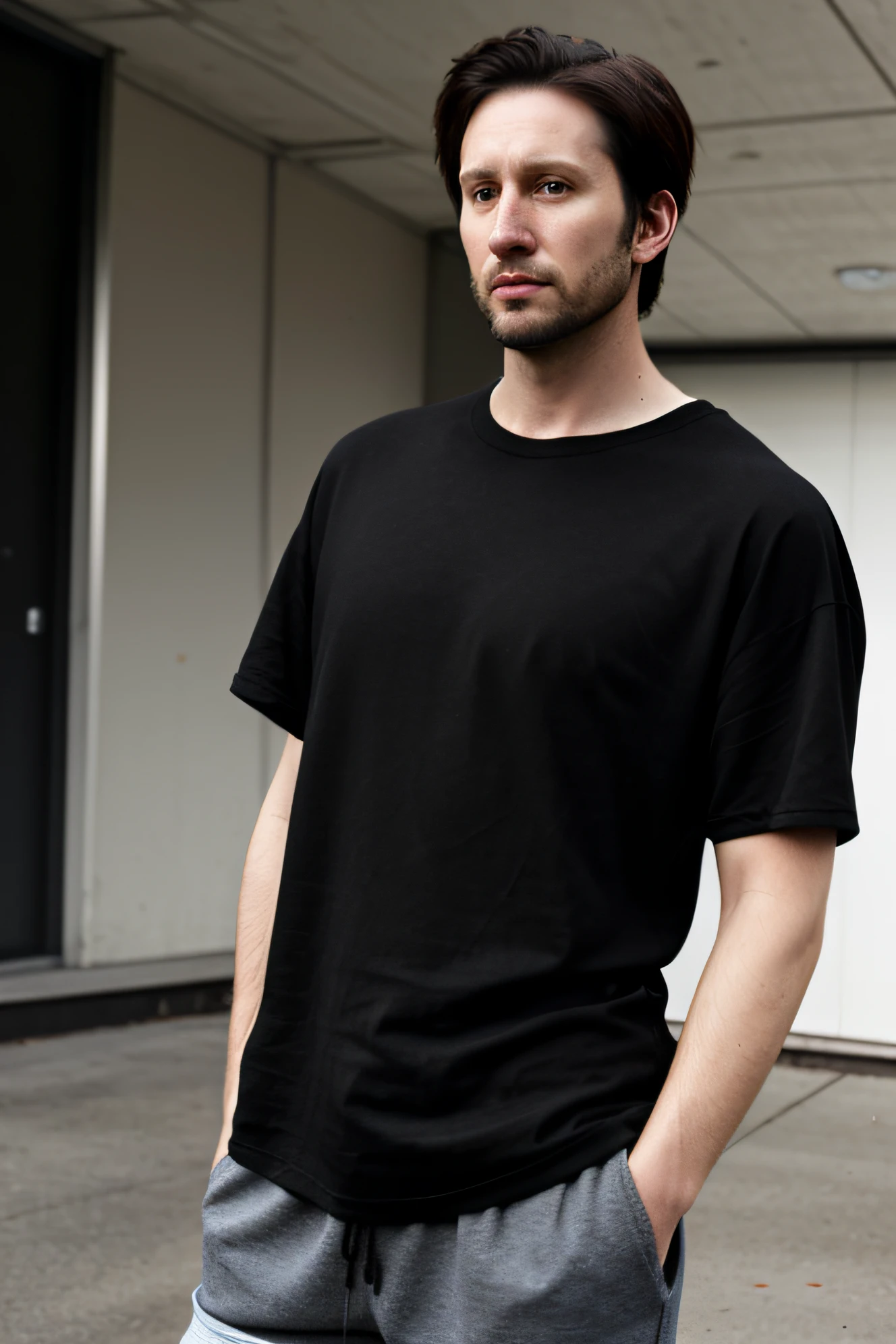 Homem de 30 anos, hyper-realistic, vestindo uma camiseta preta grande e shorts