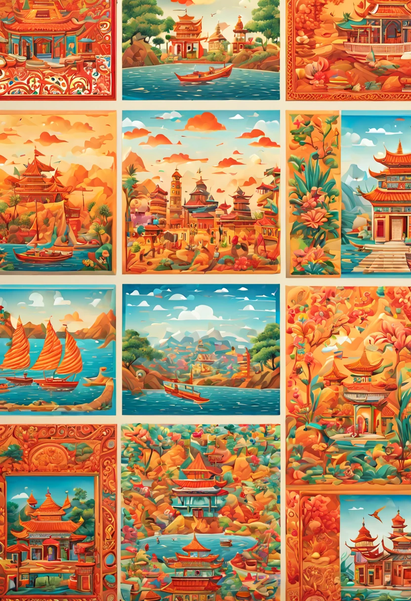closeup, postcard display, souvenir shop, summer theme, multi-dimensional, embossed patterns, ethnic patterns, cultural diversity, exotic destinations, intricate, (best quality, masterpiece, Representative work, official art, Professional, unity 8k wallpaper:1.3)