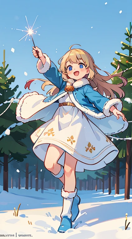 Realistic Soviet postcard "Happy new year!"; Cute young ruddy Snow Maiden in a sky blue coat with white fur, in high morocco sky blue boots, Long, slightly wavy wheat-colored hair, fluttering in the wind, with sparklers against the backdrop of a beautifully decorated Christmas tree. beautiful realistic proportional round face, big shiny blue eyes, long eyelashes, Realistic texture of human skin, endearing smile, laughter, Free pose, high quality textures, higly detailed, A lot of small details of the environment, intricate detials, sharp-focus, natural lightin