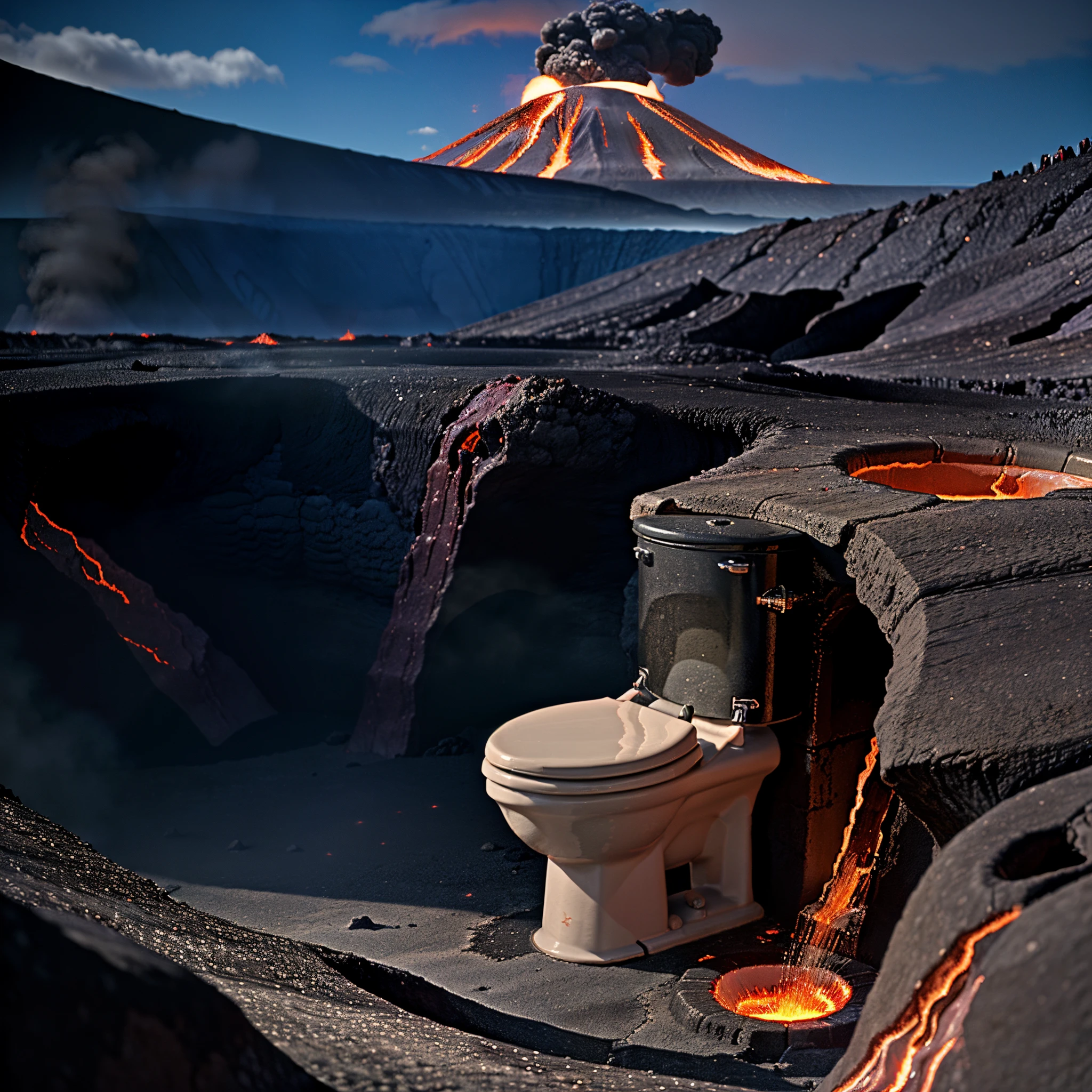 A toilet in a volcano, the toilet  surrounded by lava , high quality, high detail, 8k