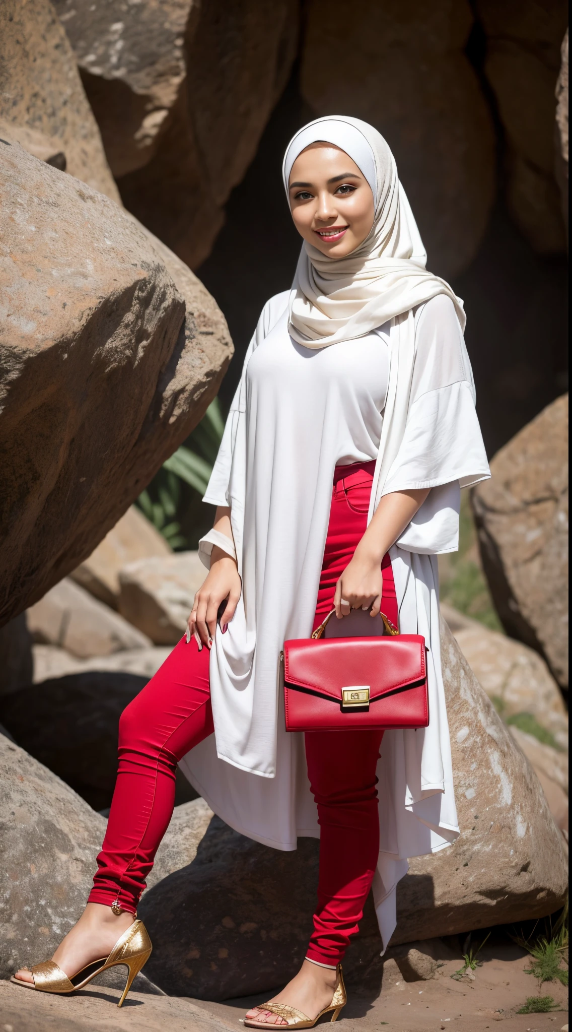 RAW, Best quality, high resolution, masterpiece: 1.3, beautiful Malay woman in hijab, big gorgeous eyes, smiling,big breast, standing on rocks with a red purse and a red purse, inspired by Shaddy Safadi, with lovely look, inspired by Fathi Hassan, hijab, lovely woman, with beautiful exotic, by Ismail Acar, beautiful image, inspired by Sarper Baran, white hijab, silver gold red details, with apple, casual clothing style, handsome girl