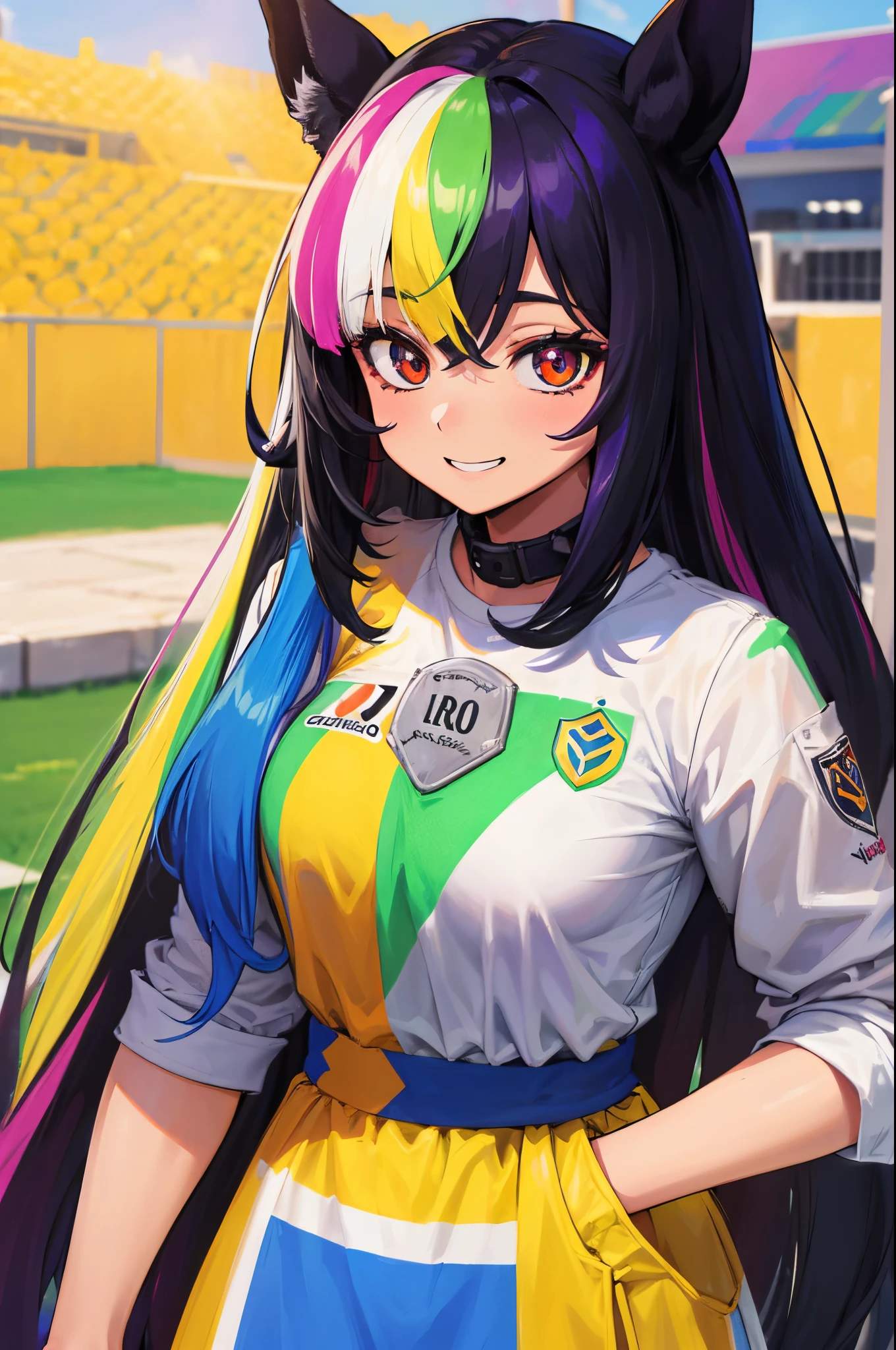 (obra-prima, melhor qualidade: 1.2),solo, horse girl, sorriso, olhando para o espectador, roupas esportivas, campo de futebol, diamond, multicolored hair, multicolored eyes,