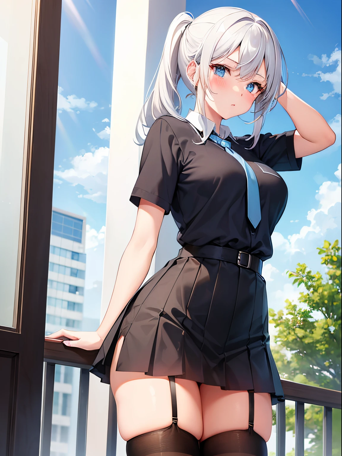 realistic, upward, sideways, school uniform, shirt, ribbon, wet, skin, perfect eyes, midchest, body line, high waist skirt, gray hair, urban background, sitting, long hair, mini skirt, bra, hair ornament, bullish, looking up