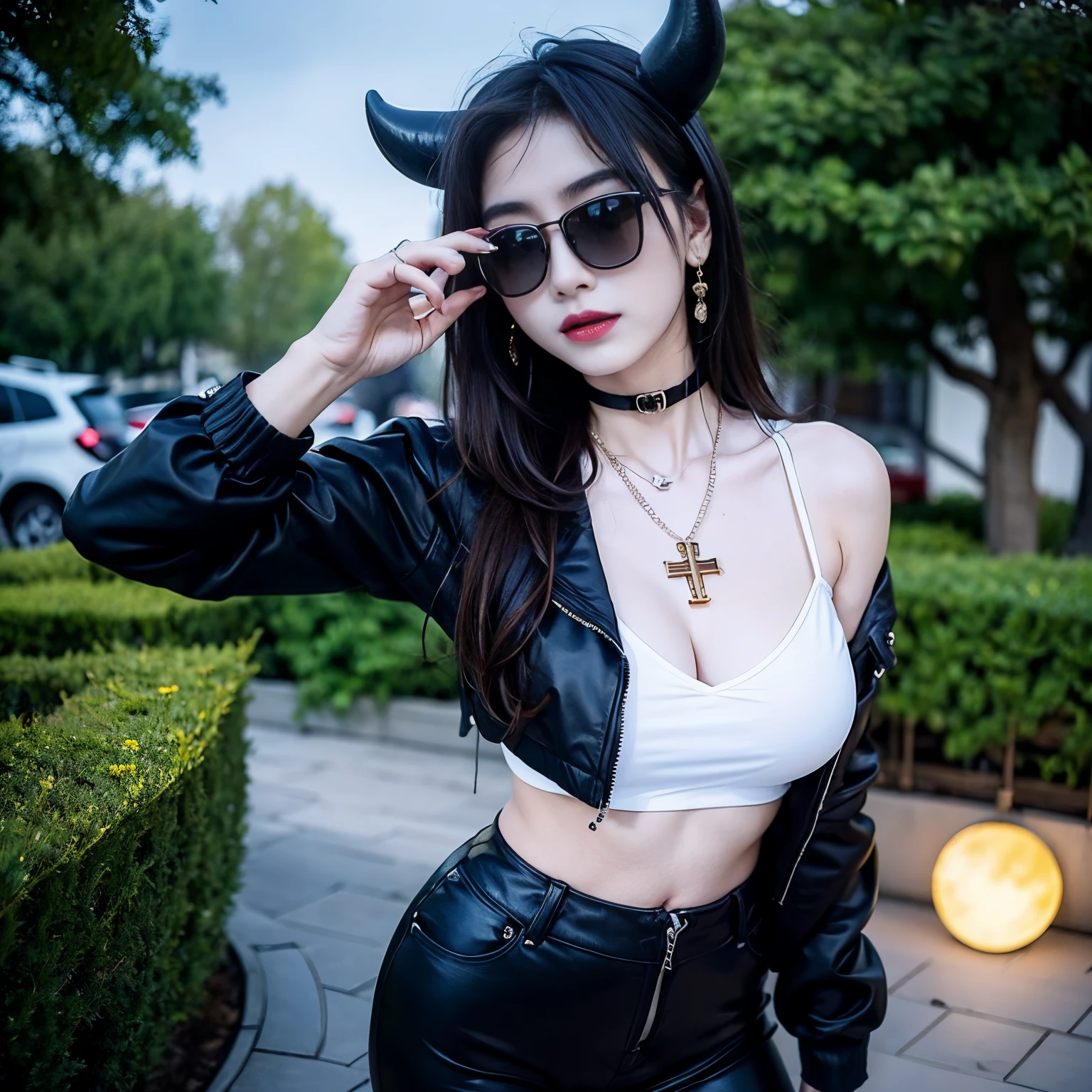 sunglasses, 1 girl with jesus, black pants, black jacket, long sleeves, halo, demon horns, standing on the garden, choker, midget, super villain, cross necklace, earrings, jewellery, jesus, jesus christ, cross tatto, sunglasses, evening with moon in the sky