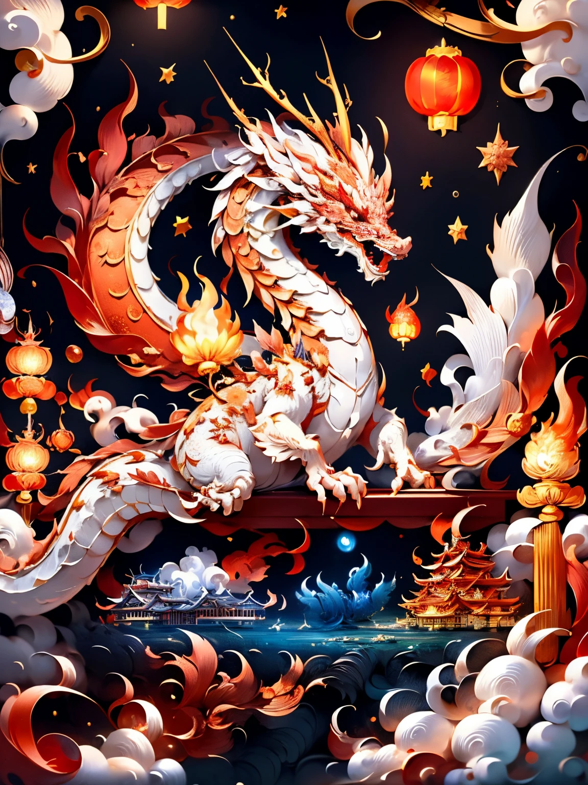 (((On a table))),Best quality, illuminations, Referee fire, the ocean, fire dragon、Chinese legendary dragon, Chinese palaces, cloud, As estrelas \(symbol\), _Leizu, (white backgrounid:1.1) red combination